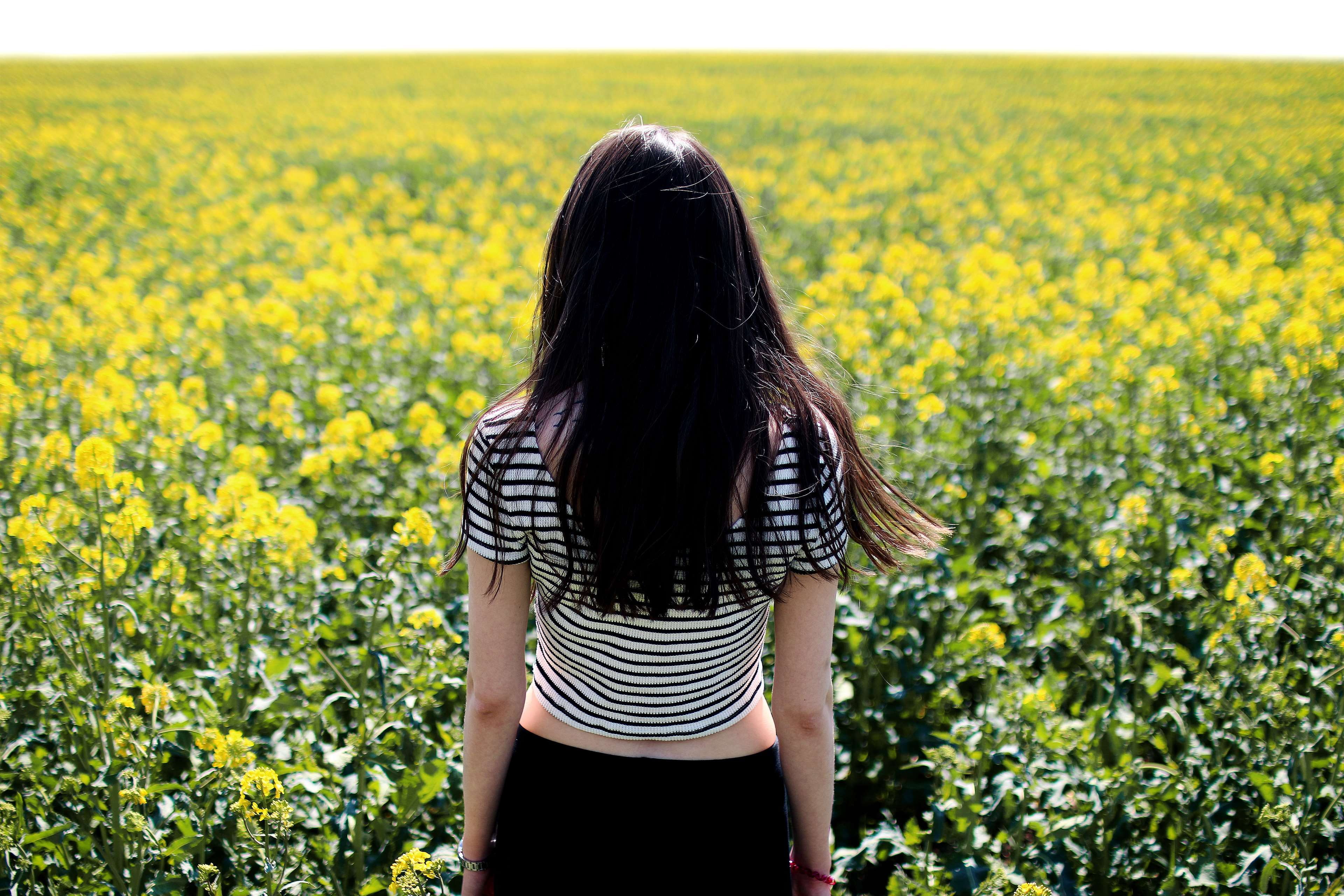 women, back view, field, beautiful, yellow, landscape, flower, female, three quarter length, growth, girl, long hair, focus, s, standing, beauty in nature, HD Wallpaper
