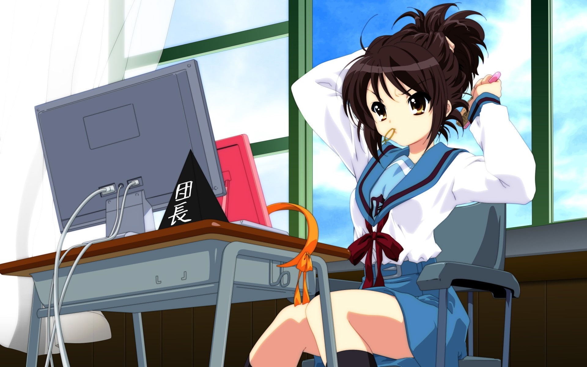 anime, dark hair, 1080P, short hair, The Melancholy of Haruhi Suzumiya, Suzumiya Haruhi, anime girls, yellow eyes, school uniform, HD Wallpaper