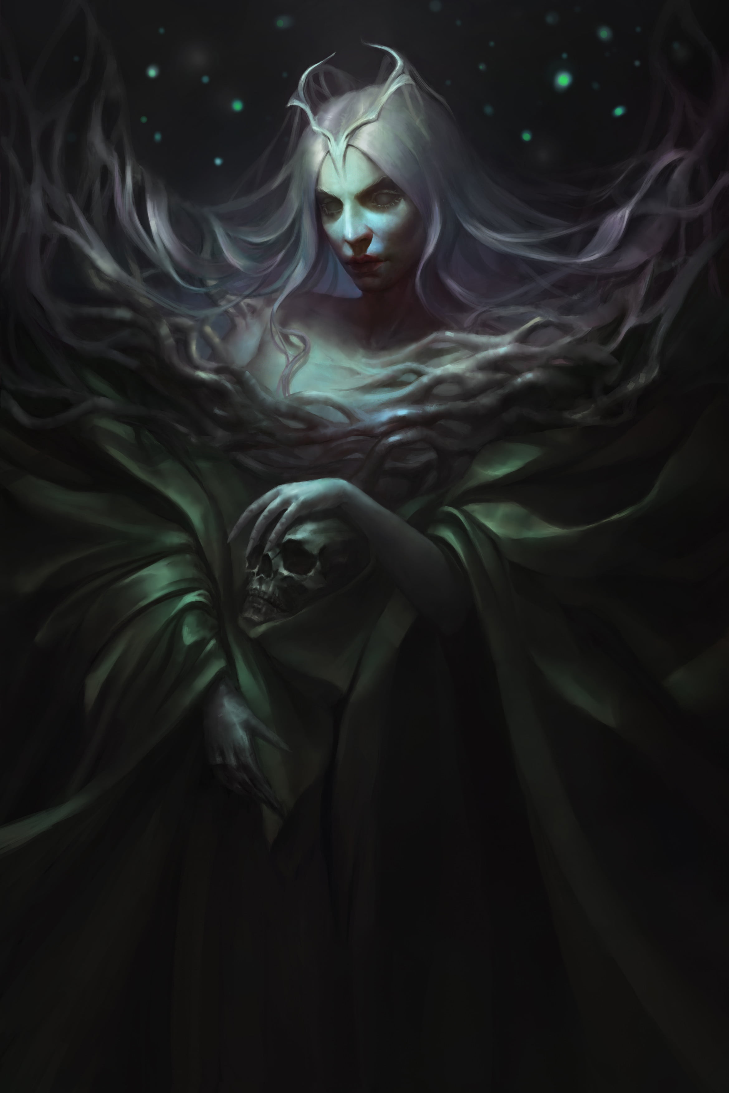 white eyes, white hair, fan art, green dress, skull, wavy hair, witch, long hair, women, artwork, blonde, portrait display, digital painting, digital art, Phone HD Wallpaper