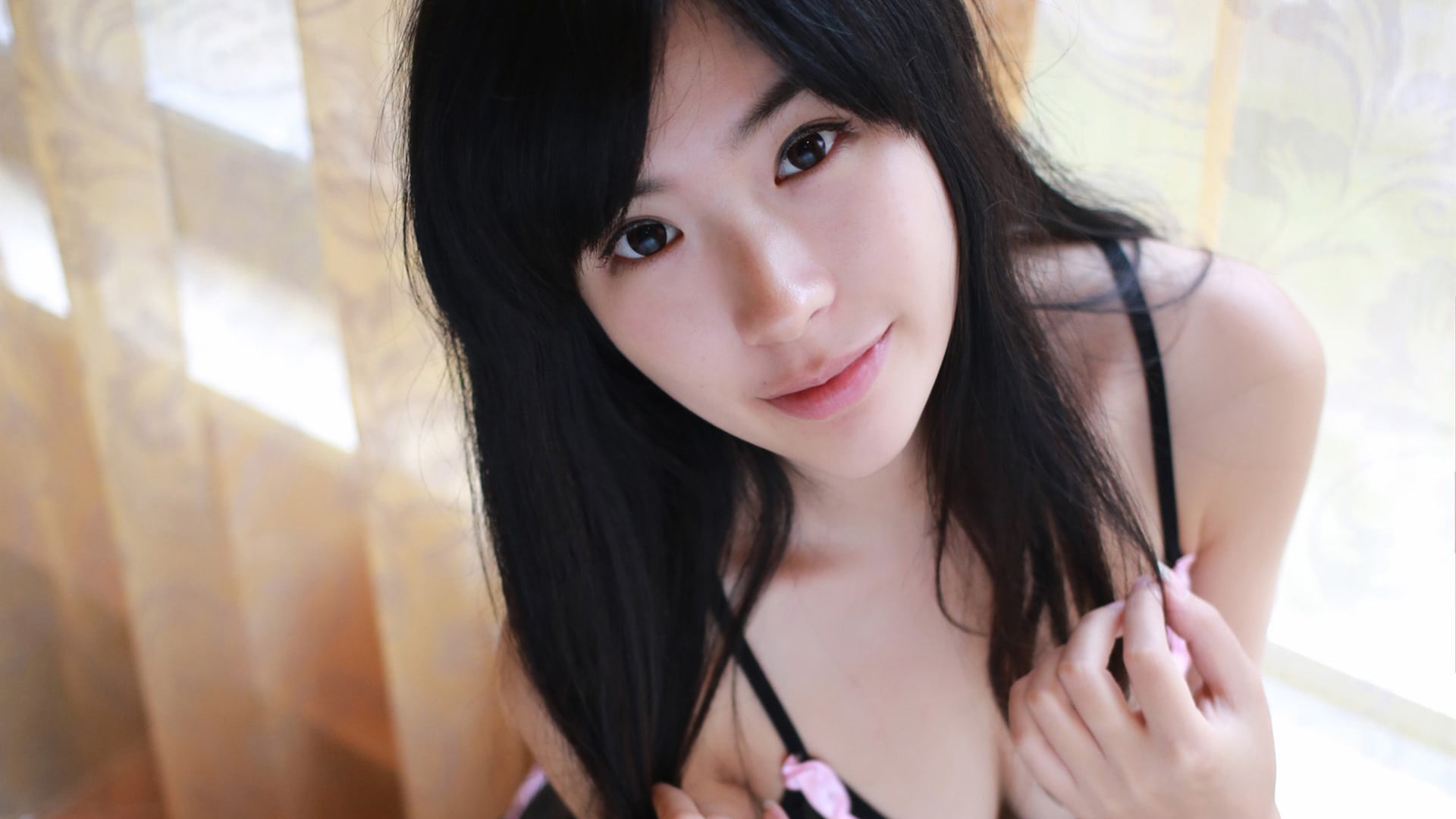 black hair, Asian, looking at viewer, 1080P, beauty, hair, long hair, contemplation, women, front view, home interior, headshot, black eyes, one person, HD Wallpaper