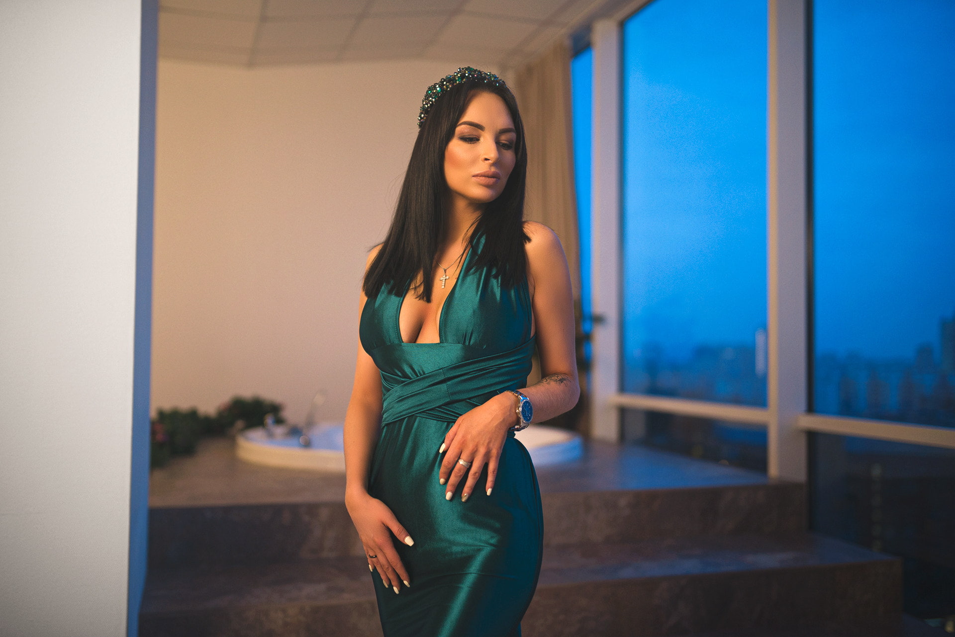 Anton Mayorov, women, 1080P, fashion photography, green dress, black hair, model, 500px, HD Wallpaper