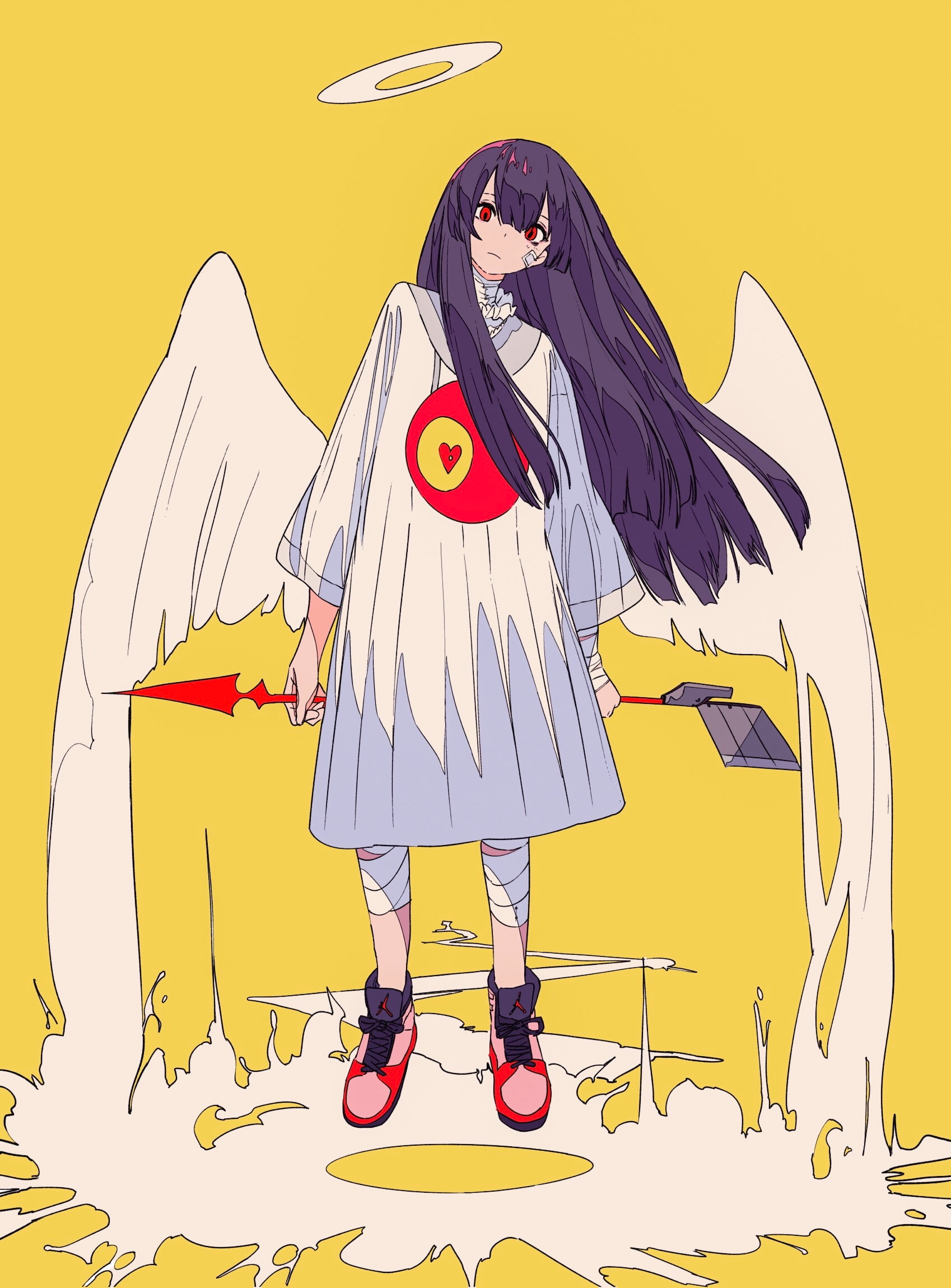 anime, yellow background, anime girls, 1080P, wings, long hair, purple hair, red eyes, Phone HD Wallpaper