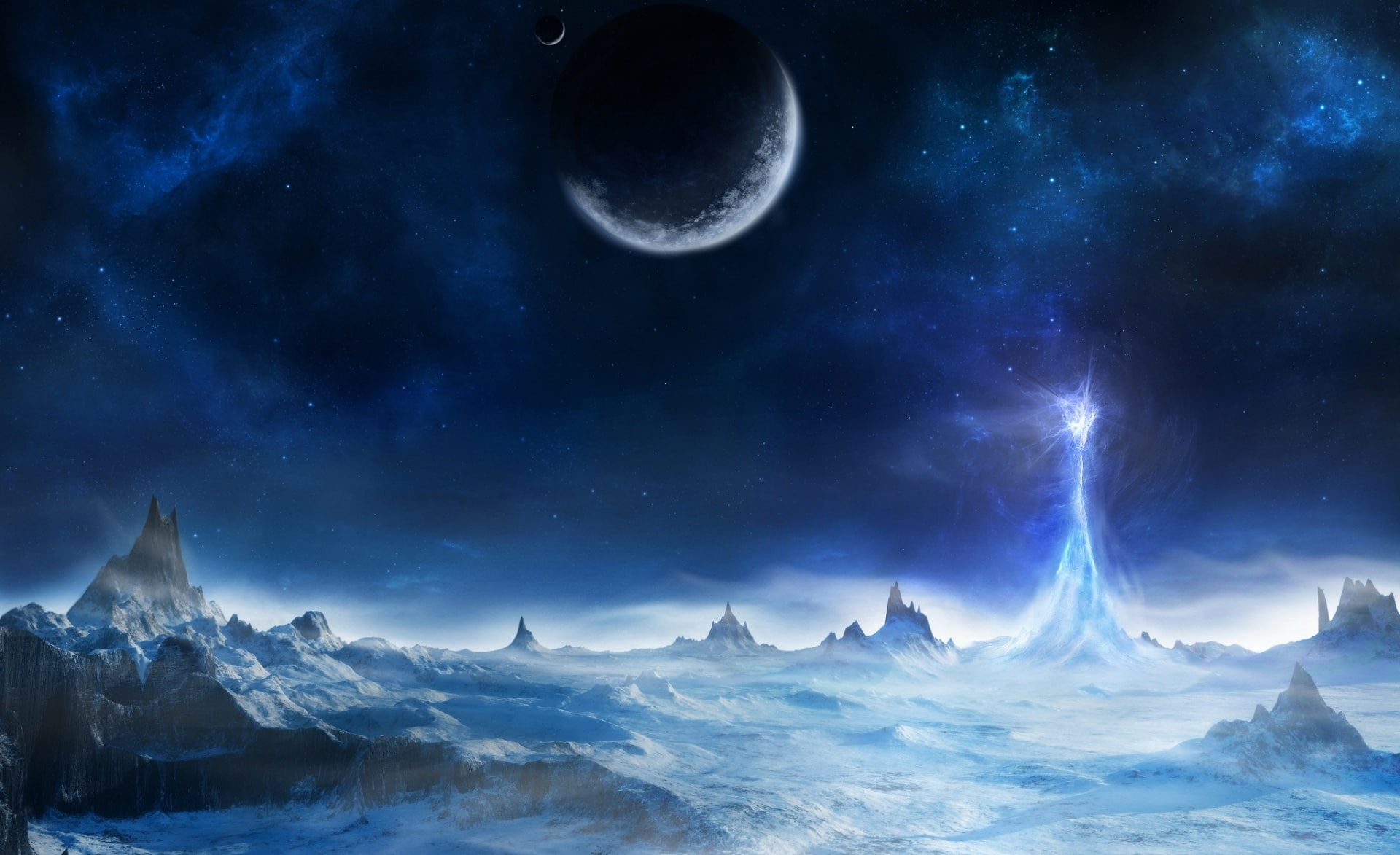 mountain, Artistic, beauty in nature, mountain peak, mountain range, nature, winter, moonlight, moon, Away, environment, landscape, scenics - nature, 1080P, HD Wallpaper