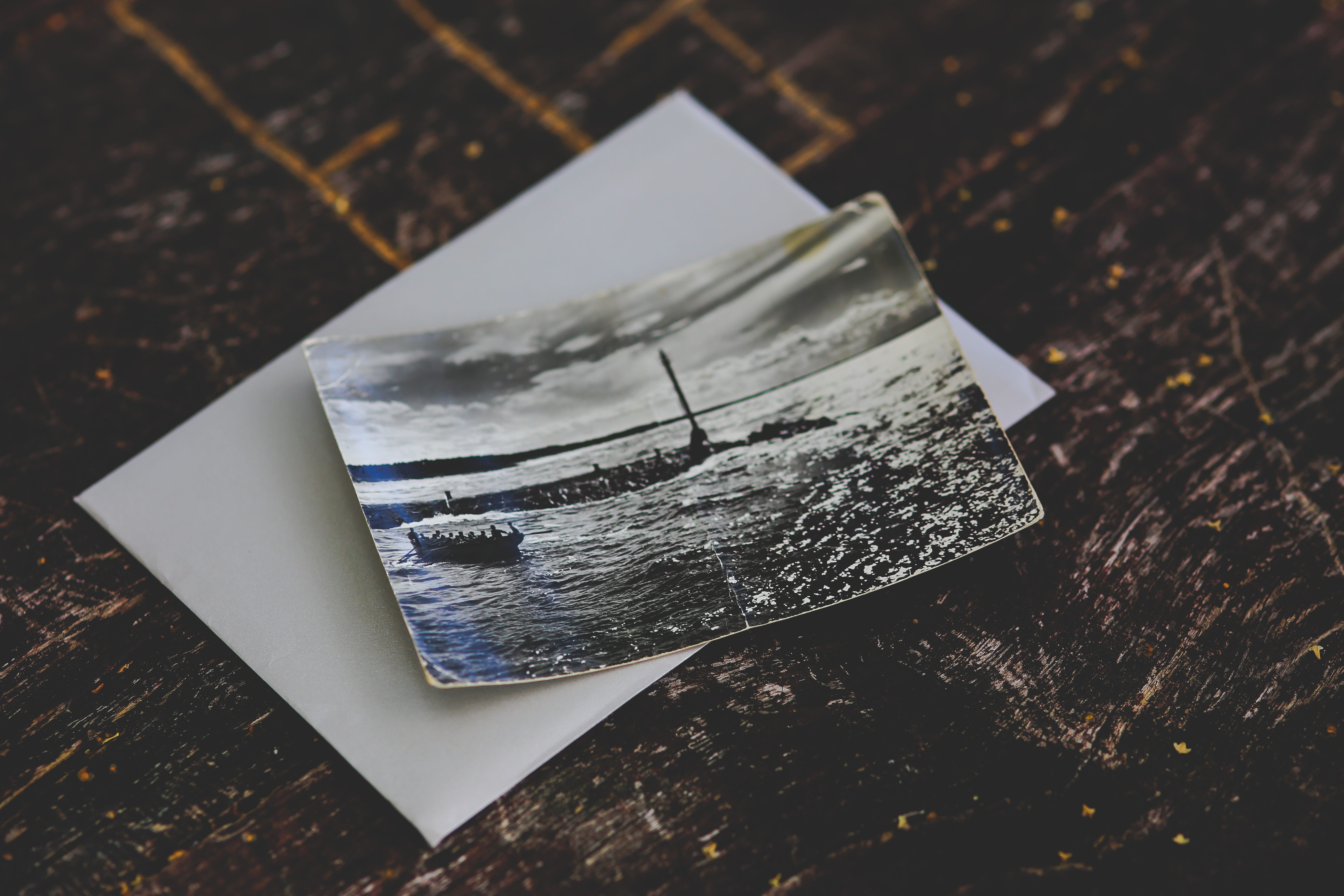 focus on foreground, old, single object, bw, sea, paper, craft, 5K, portrait, vacation, nature, directly above, no people, boat, blackandwhite, day, indoors, HD Wallpaper