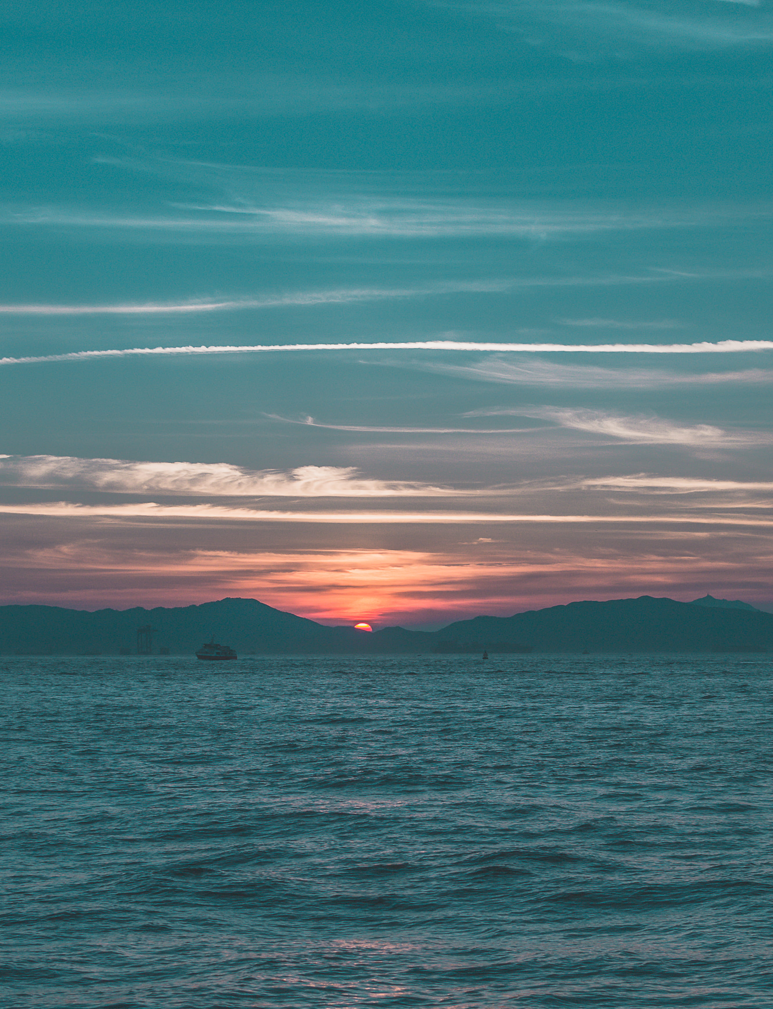 remote, hong kong, no people, open sea, far, boat, island, sea side, mountain line, sky, moody, horizon, sea, mountain, sun, waterfront, tranquility, scenics - nature, Phone HD Wallpaper