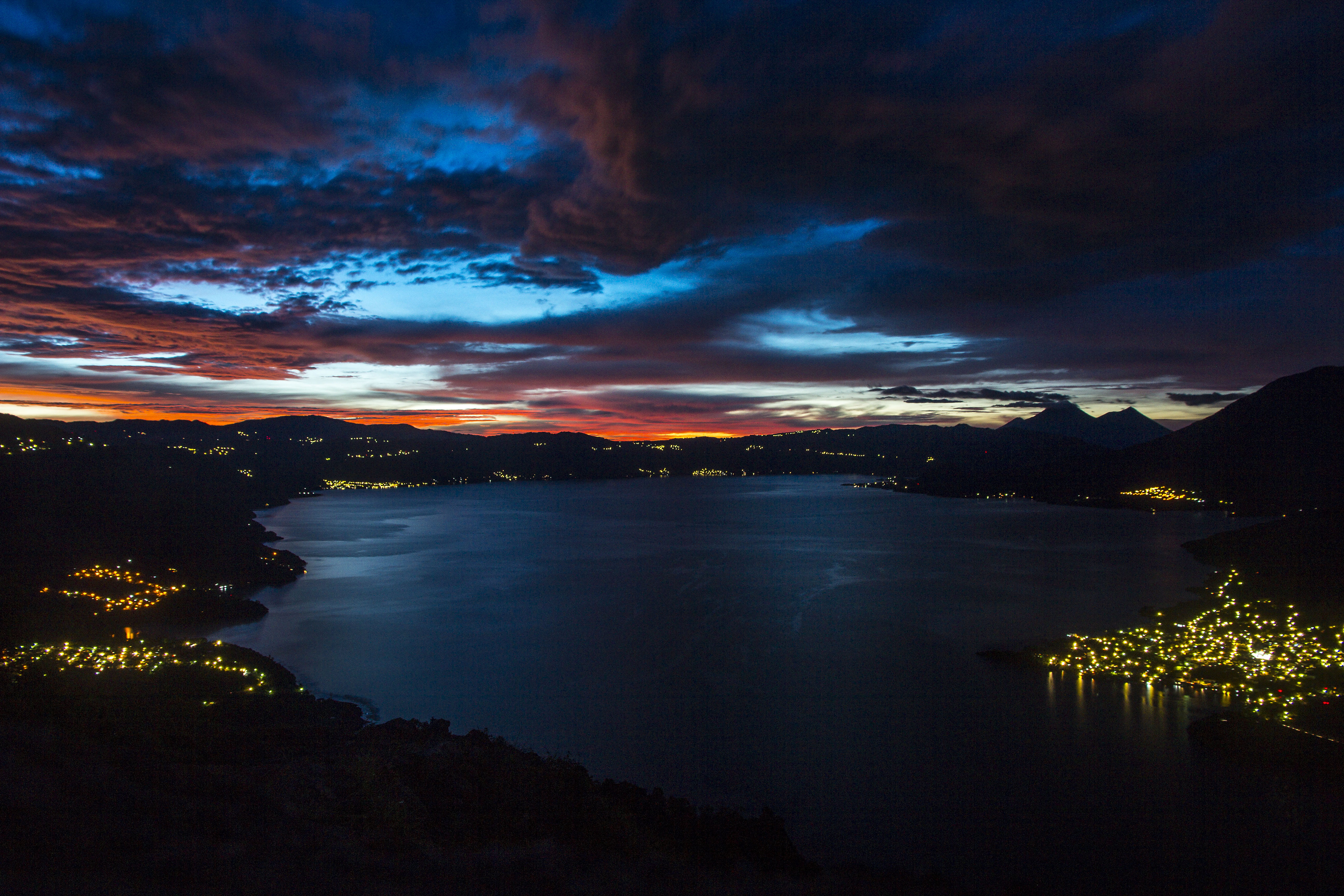 photo, city lights, sea, calm, light, islands, cloud - Sky, mountain, lighted, night, 5K, illuminated, water, blue, photography, environment, city, time, HD Wallpaper