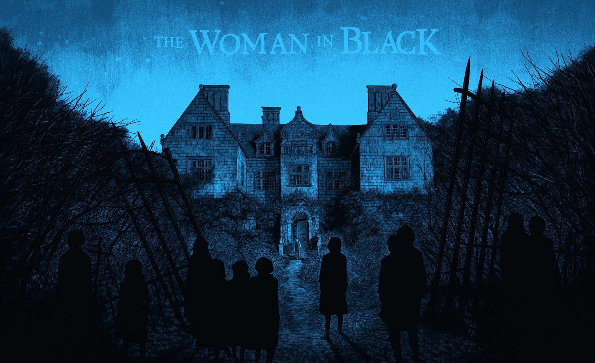 communication, outdoors, signage, the woman in black, dusk, building, night, building exterior, woman, plant, group of people, Movies, text, low angle view, HD Wallpaper