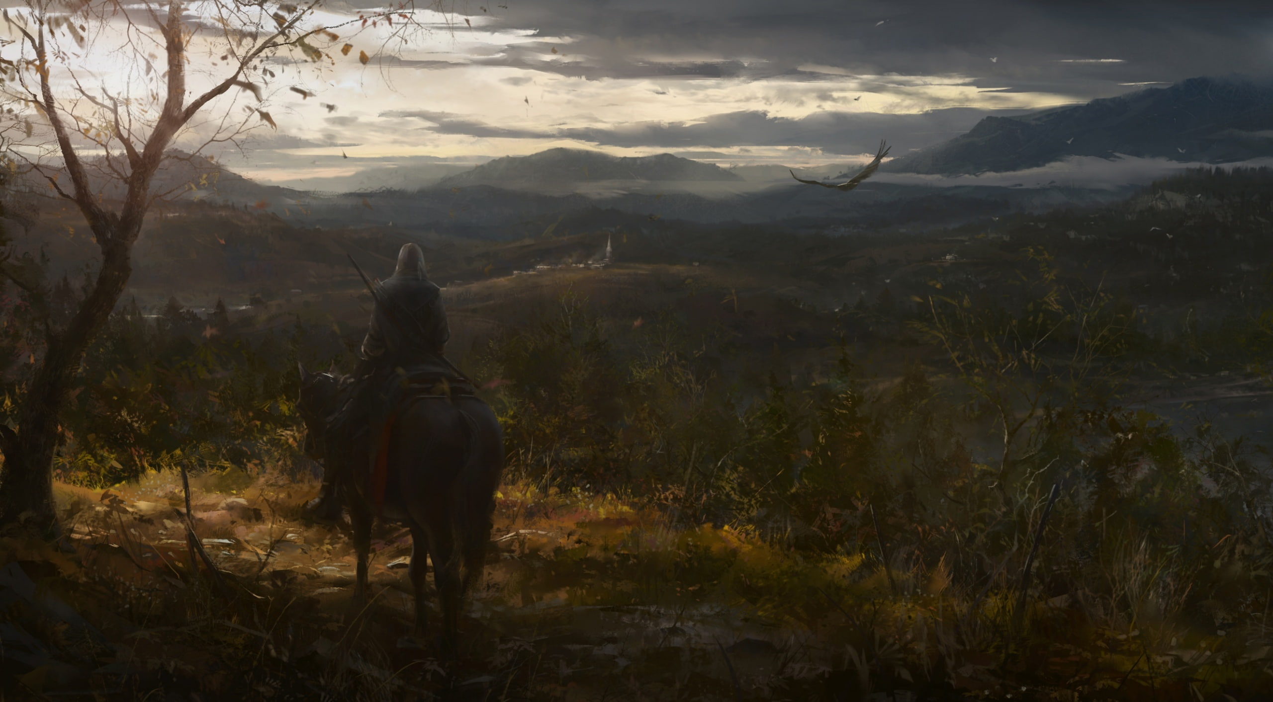 2012, nature, mountain, tree, hd, livestock, sitting, animal wildlife, pets, scenics - nature, domestic, s, assassins creed iii, illustration, assassin, HD Wallpaper