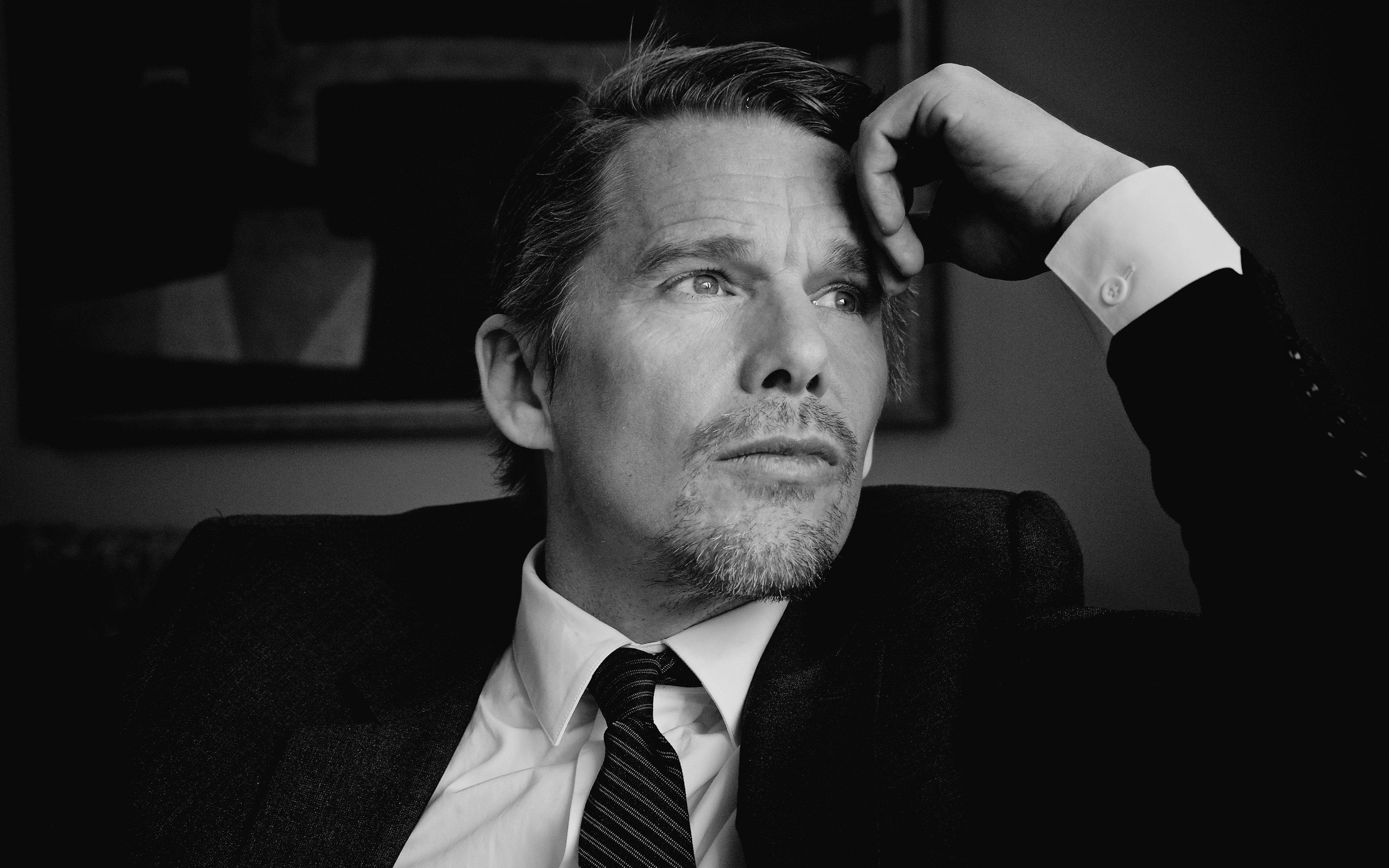 businessman, men, adult, business, real people, monochrome, males, business person, actor, 4K, suit, looking away, Ethan Hawke, well-dressed, contemplation, HD Wallpaper