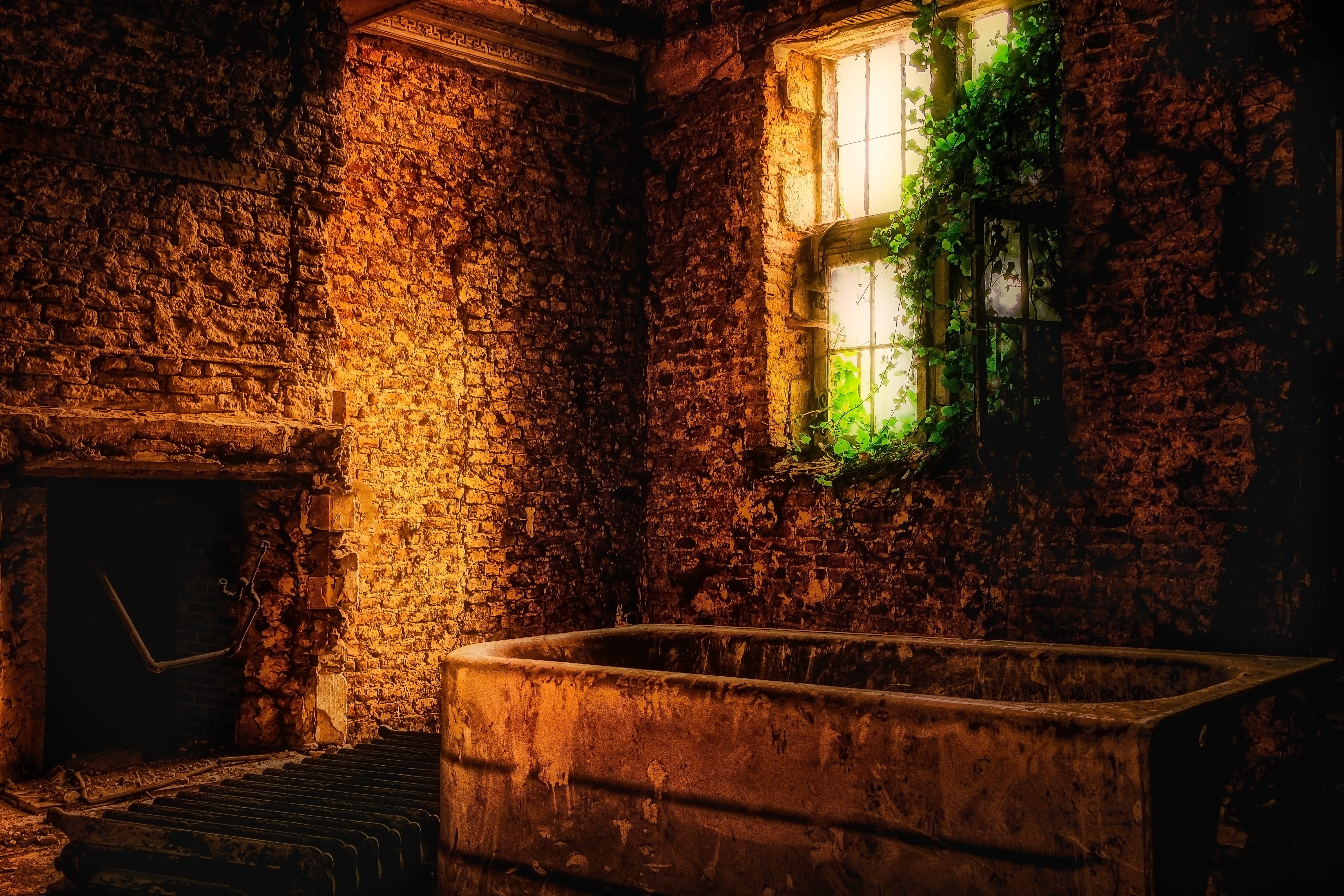fireplace, atmosphere, window, deterioration, history, old, ivy, obsolete, lost places, indoors, dark, ailing, weathered, damaged, room, the past, dirty, HD Wallpaper