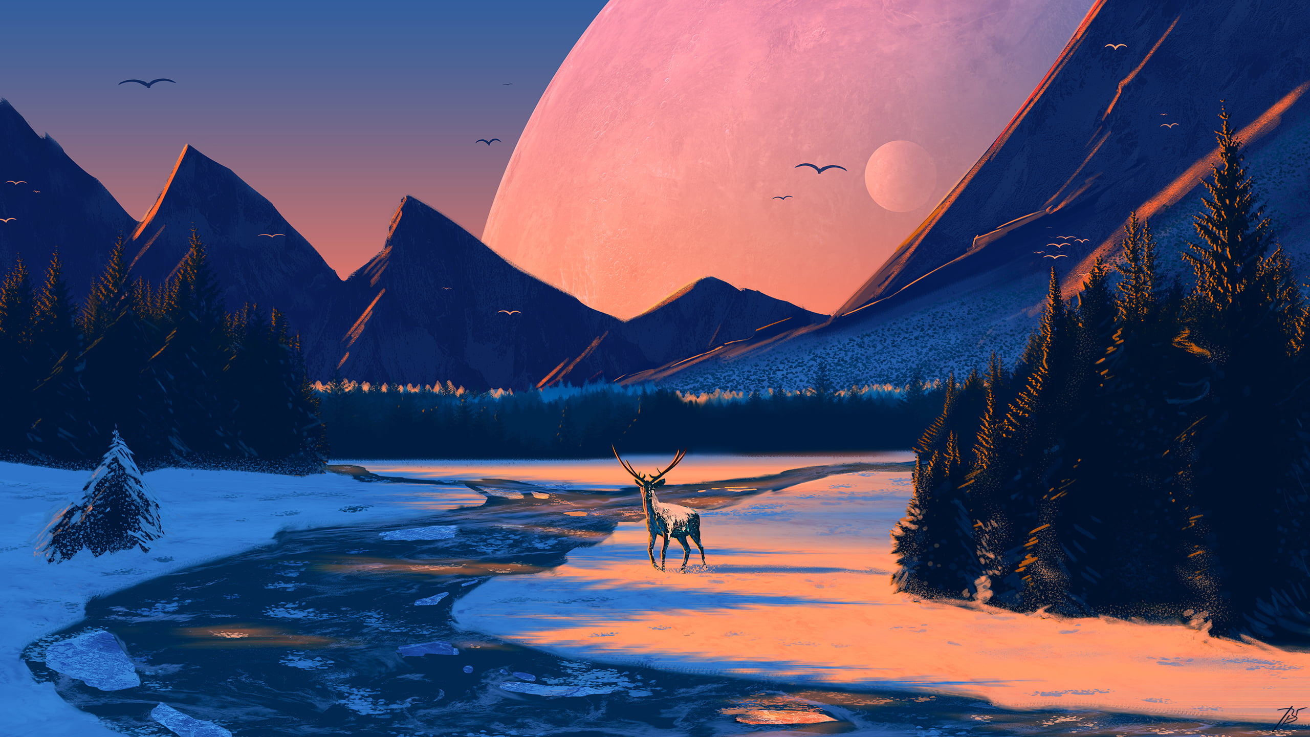 artwork, nature, 2K, landscape, deer, winter, JoeyJazz, HD Wallpaper