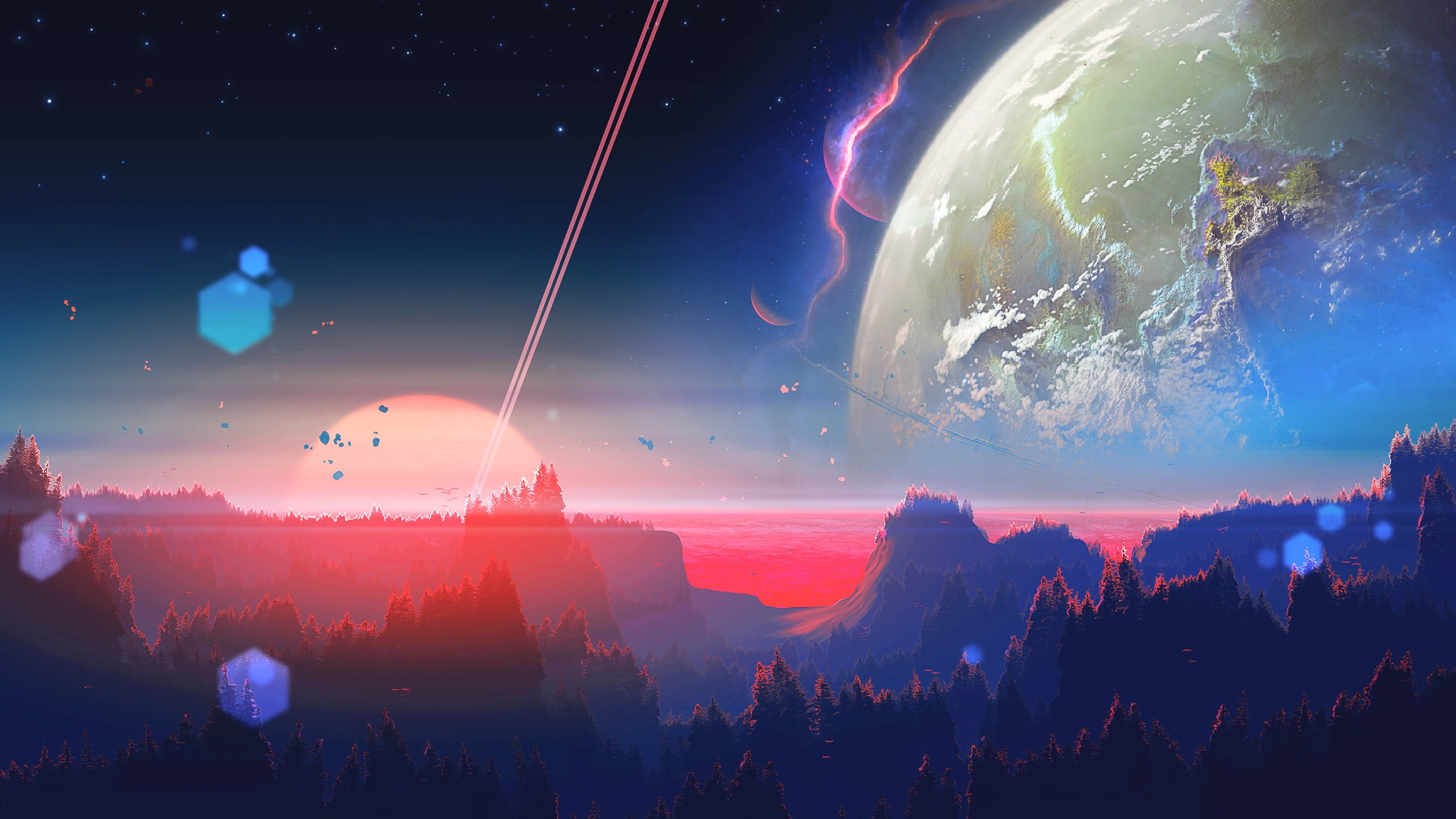 2K, art, planet, star, mountains, glare, forest, flickering, horizon, panorama, sunset, lights, JoeyJazz, HD Wallpaper