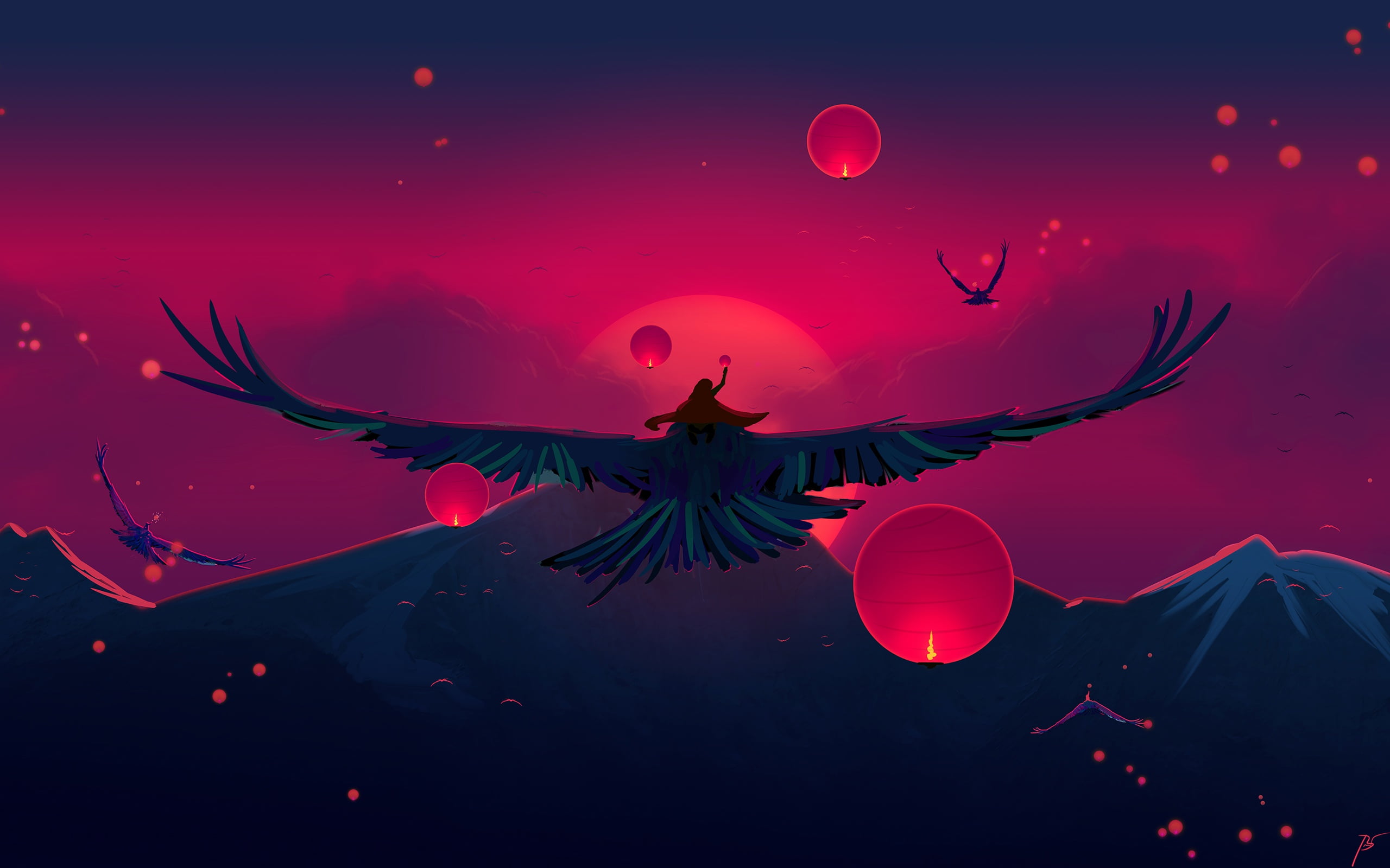 clouds, mountains, fantasy art, animals, artwork, JoeyJazz, 2K, birds, sky, HD Wallpaper