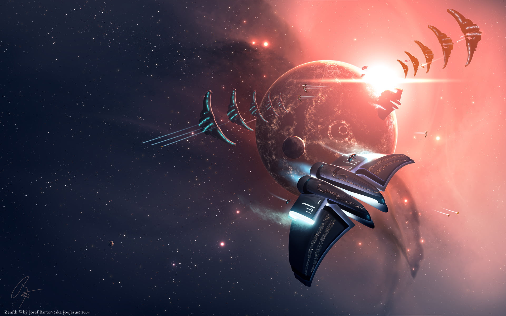 spaceship, JoeyJazz, 1080P, galaxy, 3D, space, HD Wallpaper