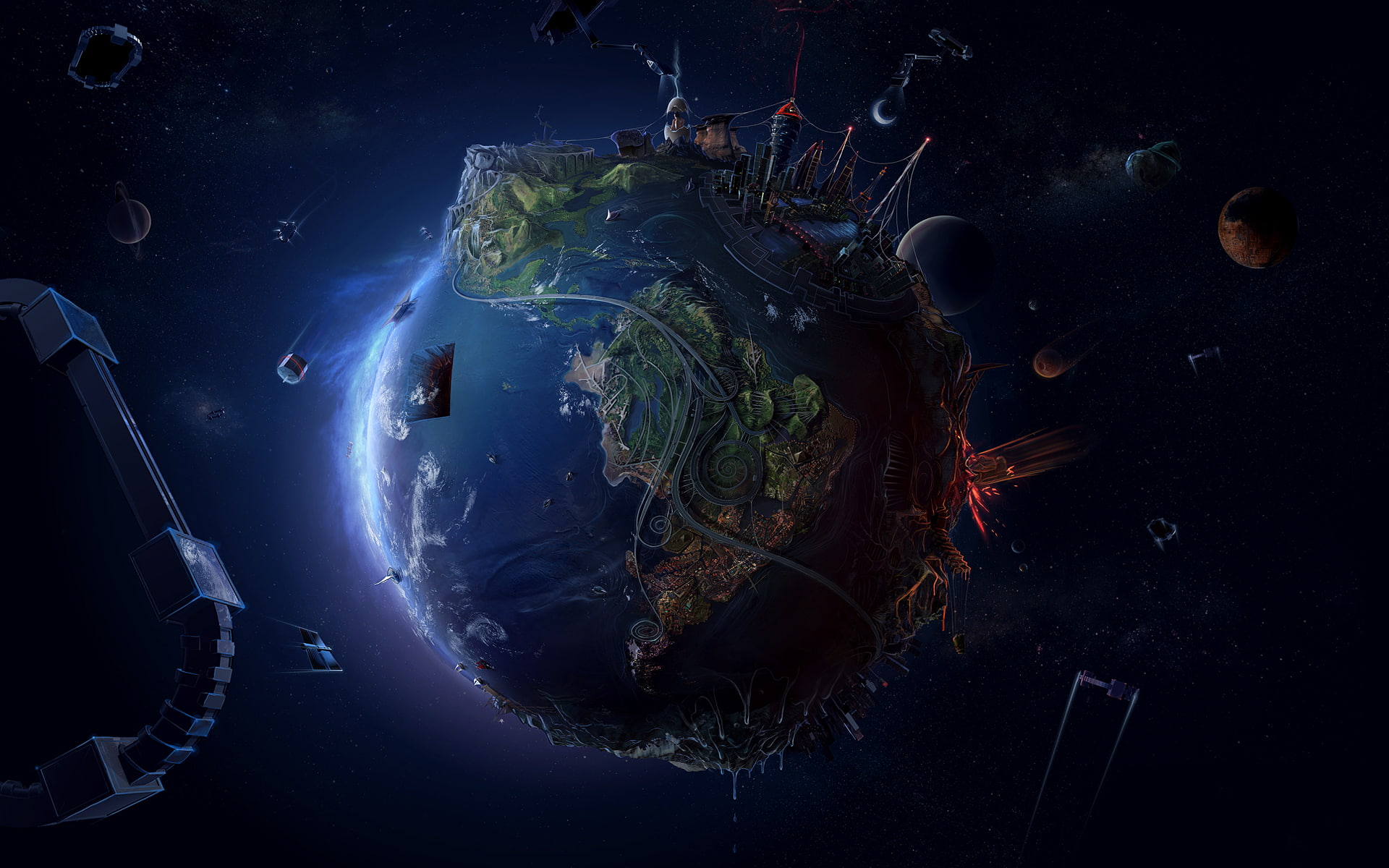 Futuristic, deviantart, the, abstract, Moon, blue, Lost, Station, space, Earth, stars, 1080P, view, maps, 3d, world, outer, HD Wallpaper