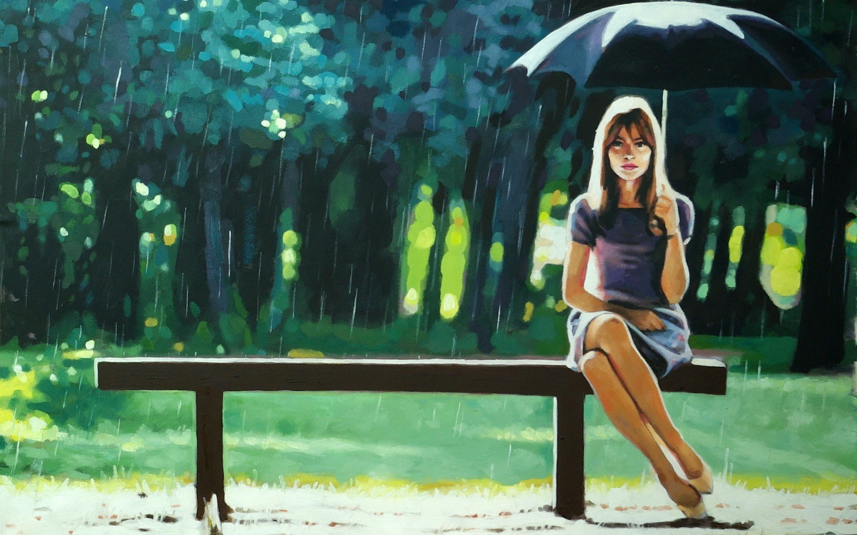 painting, sitting, bench, umbrella, women outdoors, trees, rain, artwork, minidress, legs, model, 720P, brunette, long hair, looking at viewer, women, HD Wallpaper