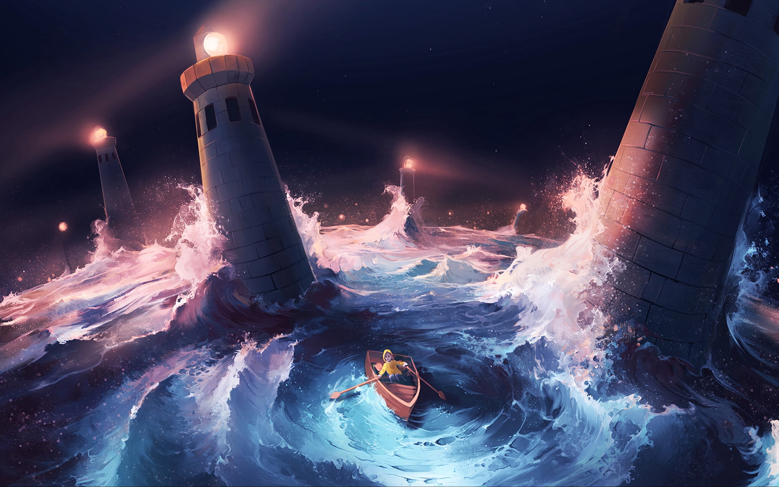 digital art, waves, 2K, boat, lighthouse, illustration, fantasy art, children, sea, HD Wallpaper