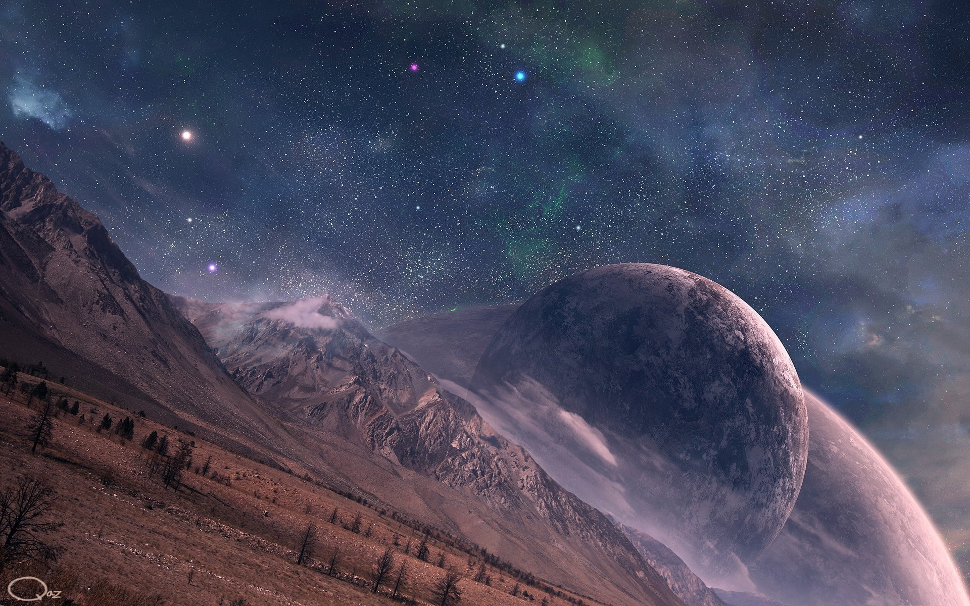space art, 1080P, clouds, plants, mountains, stars, artwork, planet, snowy peak, space, QAuZ, HD Wallpaper