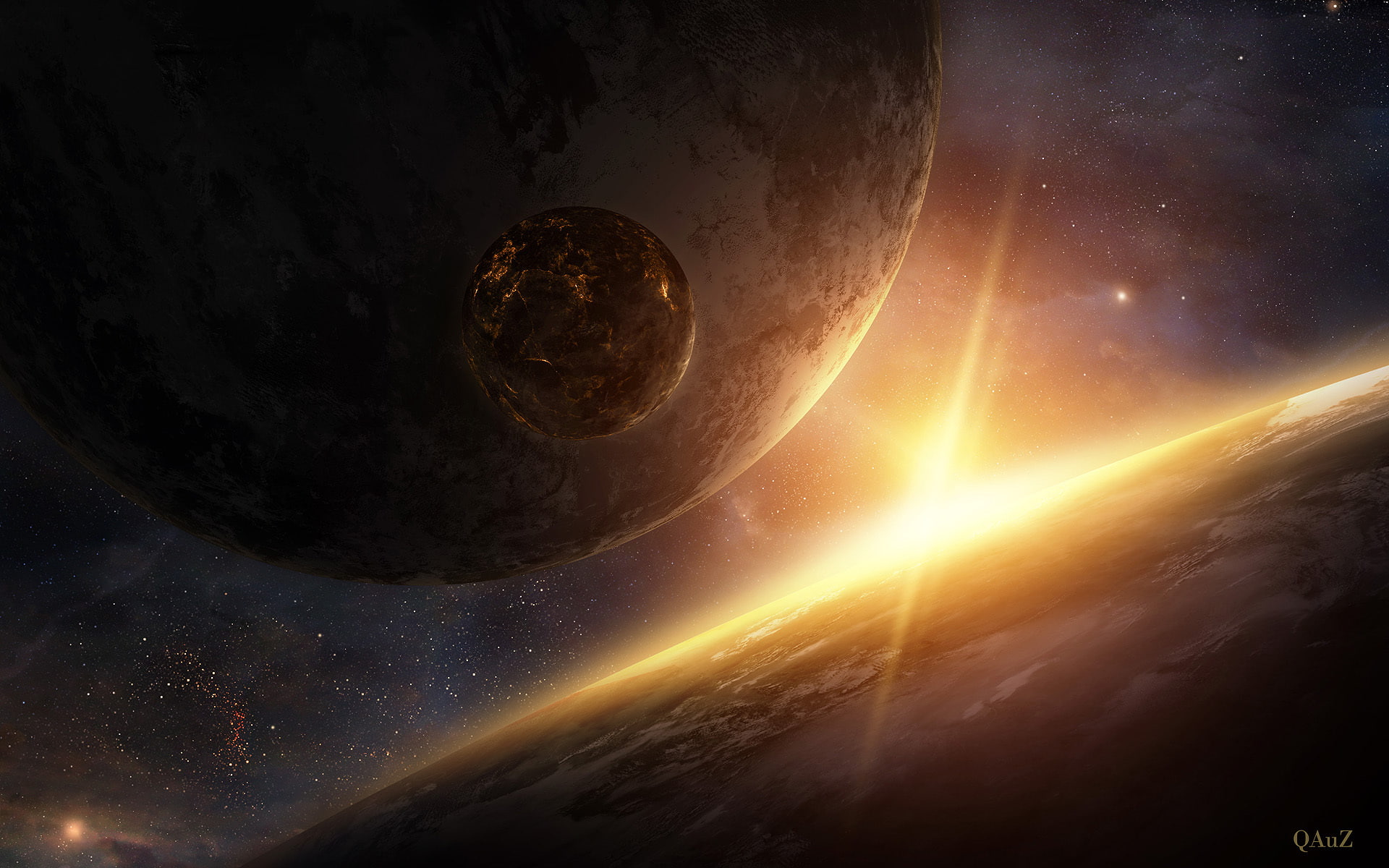 space, 1080P, star, fiction, gray, black, QAuZ, art, planet, HD Wallpaper