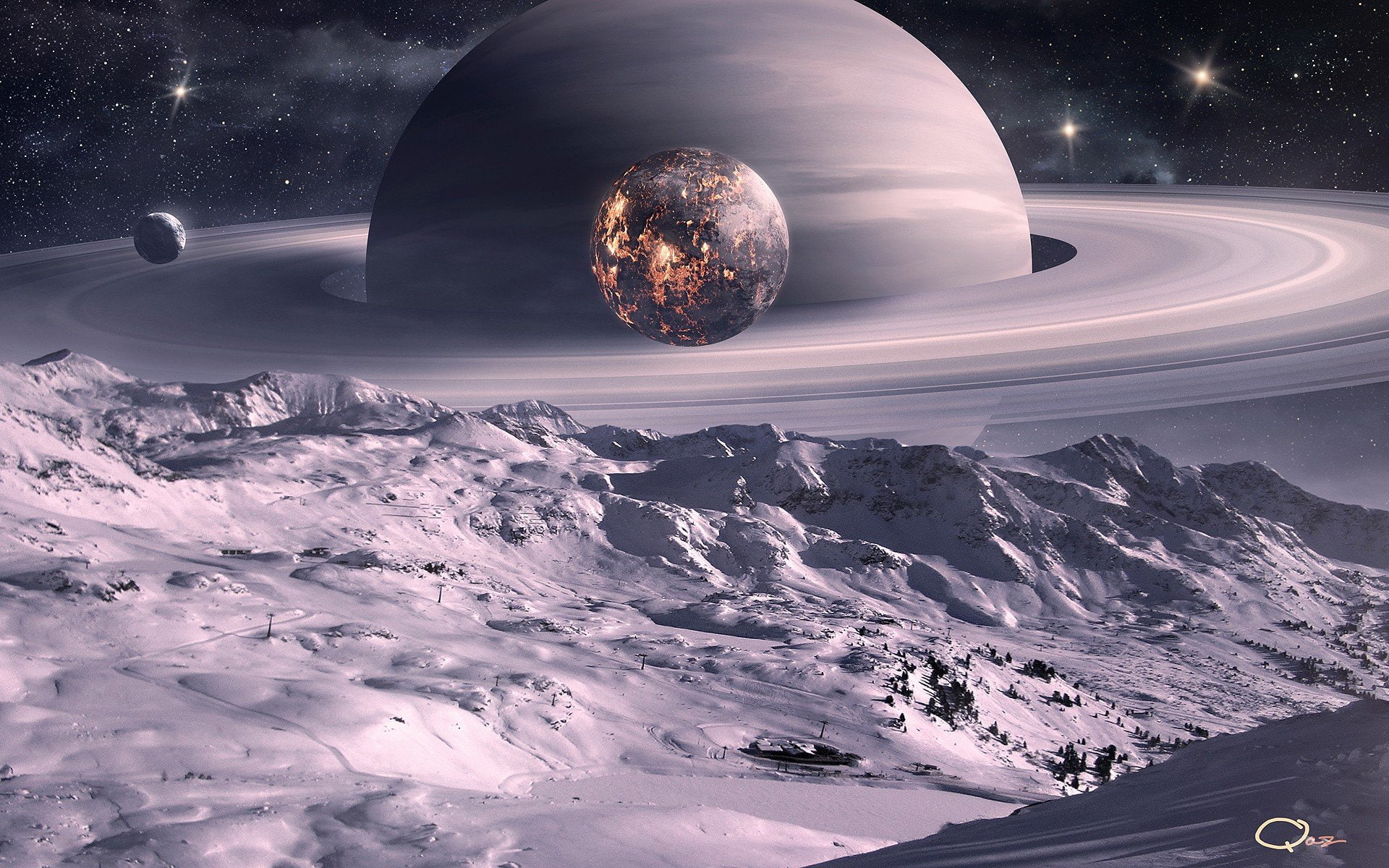 outer, art, qauz, digital, science, 1080P, space, saturn, planets, fiction, moon, HD Wallpaper