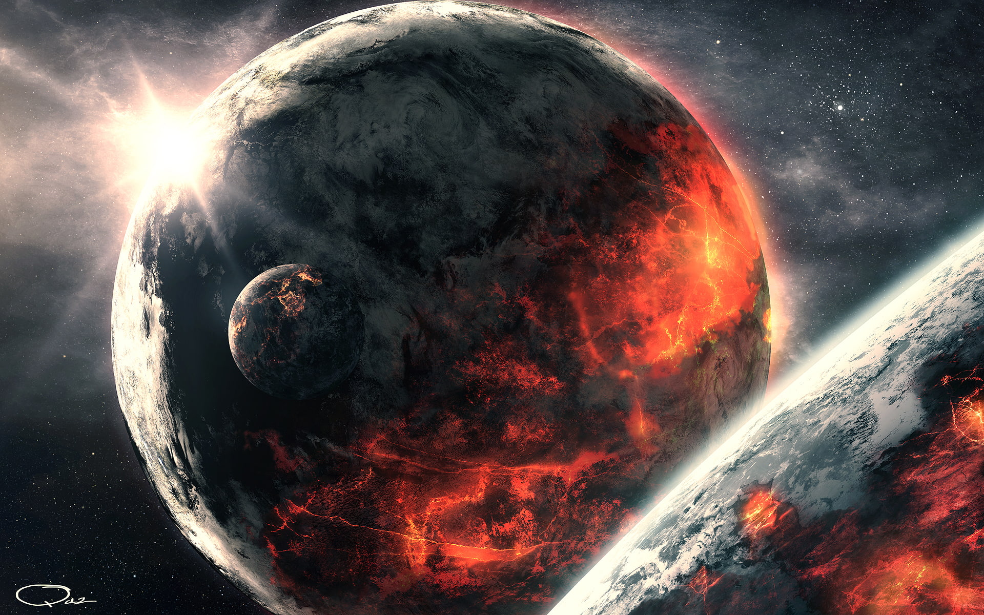 space, QAuZ, cracked, 1080P, planet, star, art, surface, destruction, HD Wallpaper