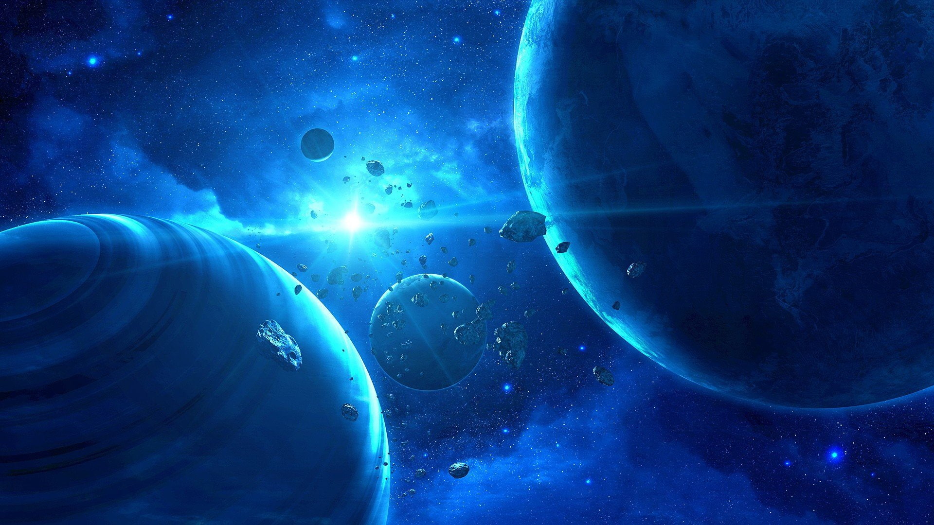 space, 1080P, asteroids, outer, blue, planets, qauz, HD Wallpaper