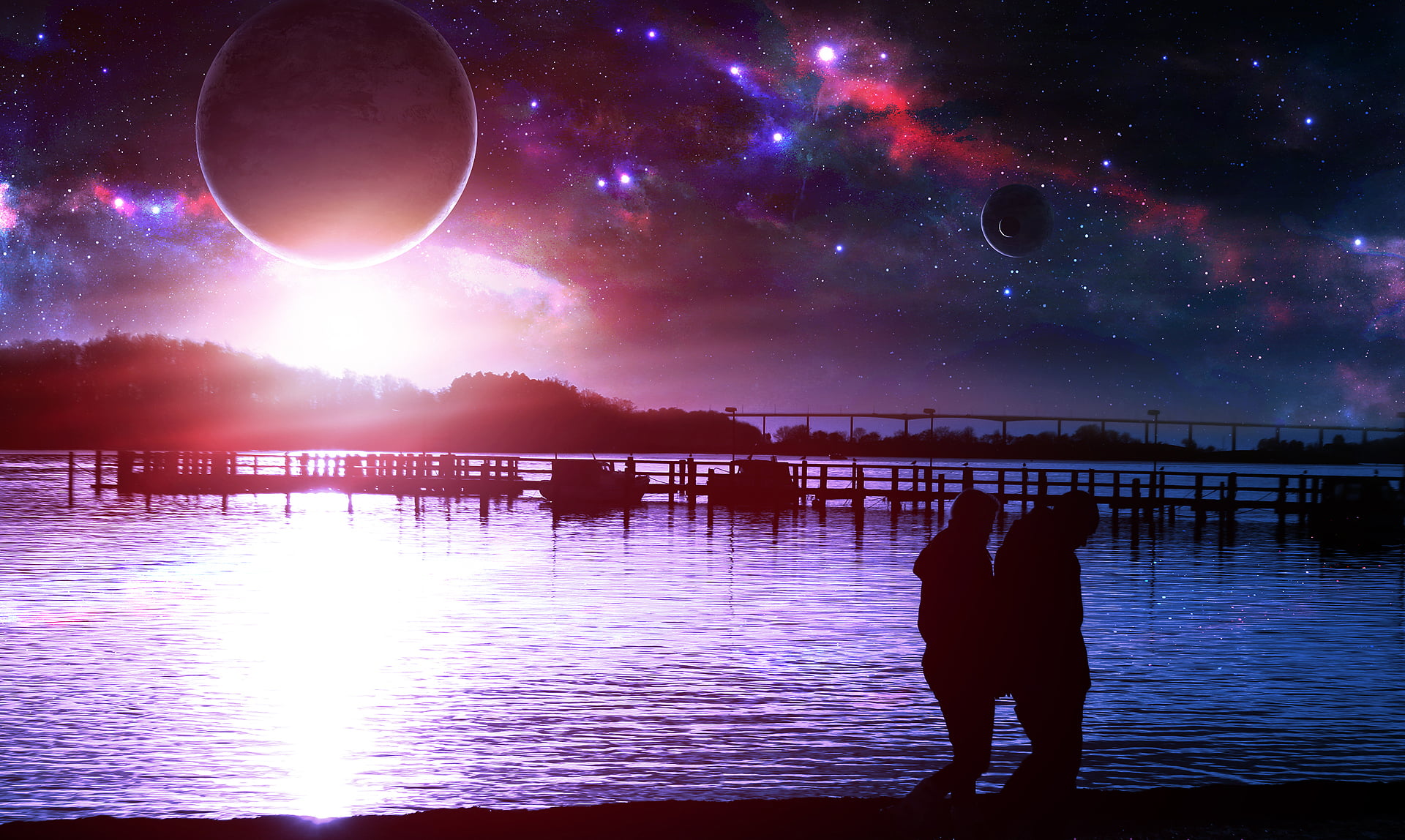 Planet, idyllic, beach, star - space, persons, reflection, beauty in nature, night, 1080P, sea, scenics - nature, stars, nature, lake, illuminated, space, HD Wallpaper