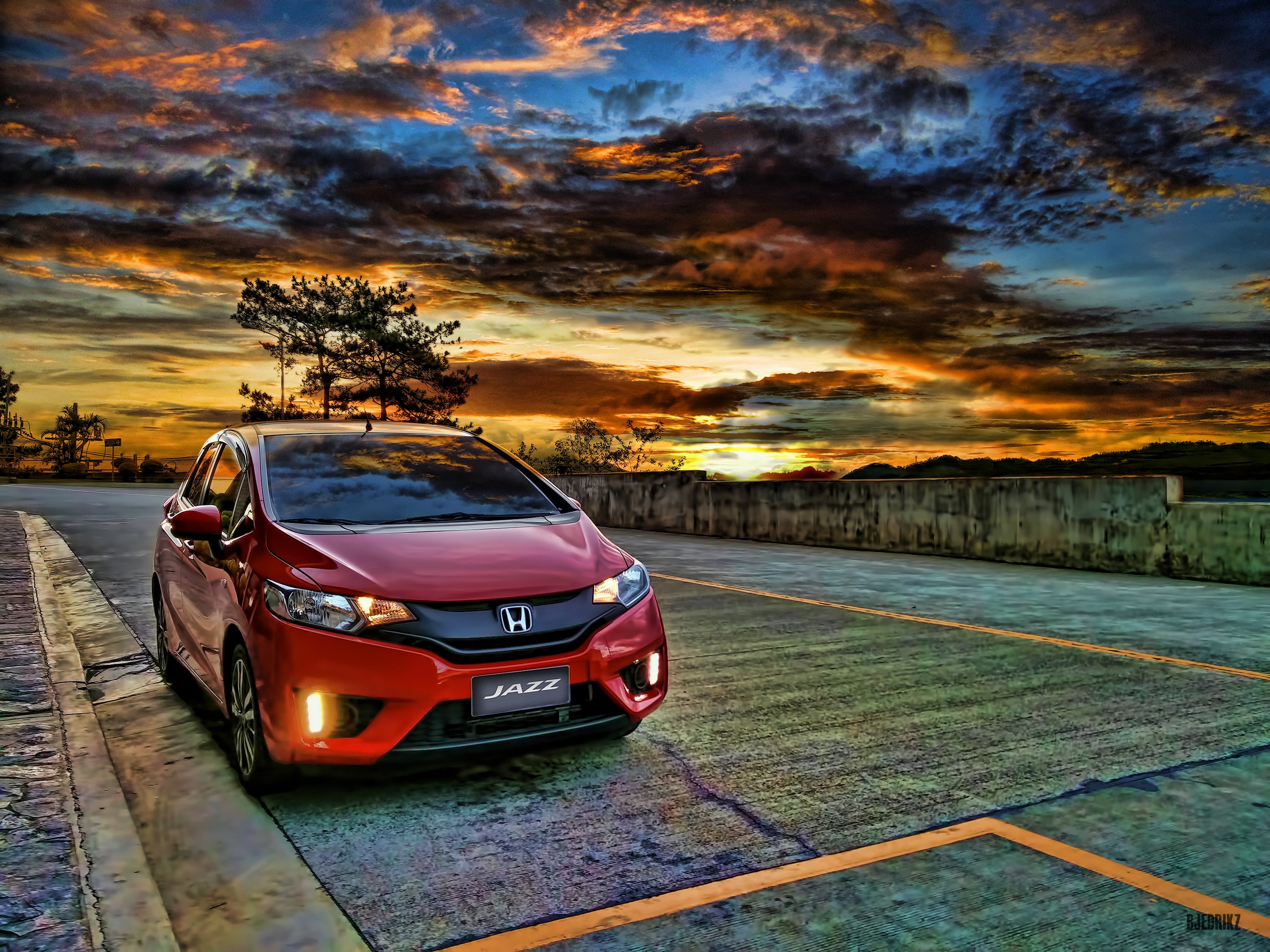 cloud - sky, nature, Honda, scenics - nature, car, Jazz, travel, motor vehicle, stationary, road, mode of transportation, orange color, road trip, tree, HD Wallpaper