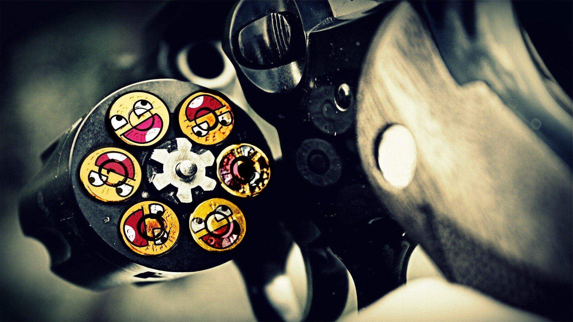 face, close-up, table, 1080P, no people, machinery, representation, still life, awesome, art and craft, ammunition, mask, retro styled, nostalgia, smiley, HD Wallpaper