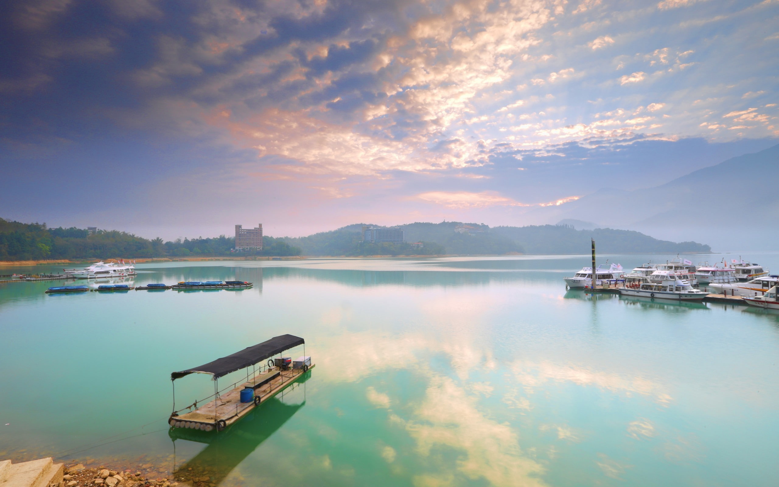 harbor, water, mountains, 2K, river, landscape, boat, HD Wallpaper