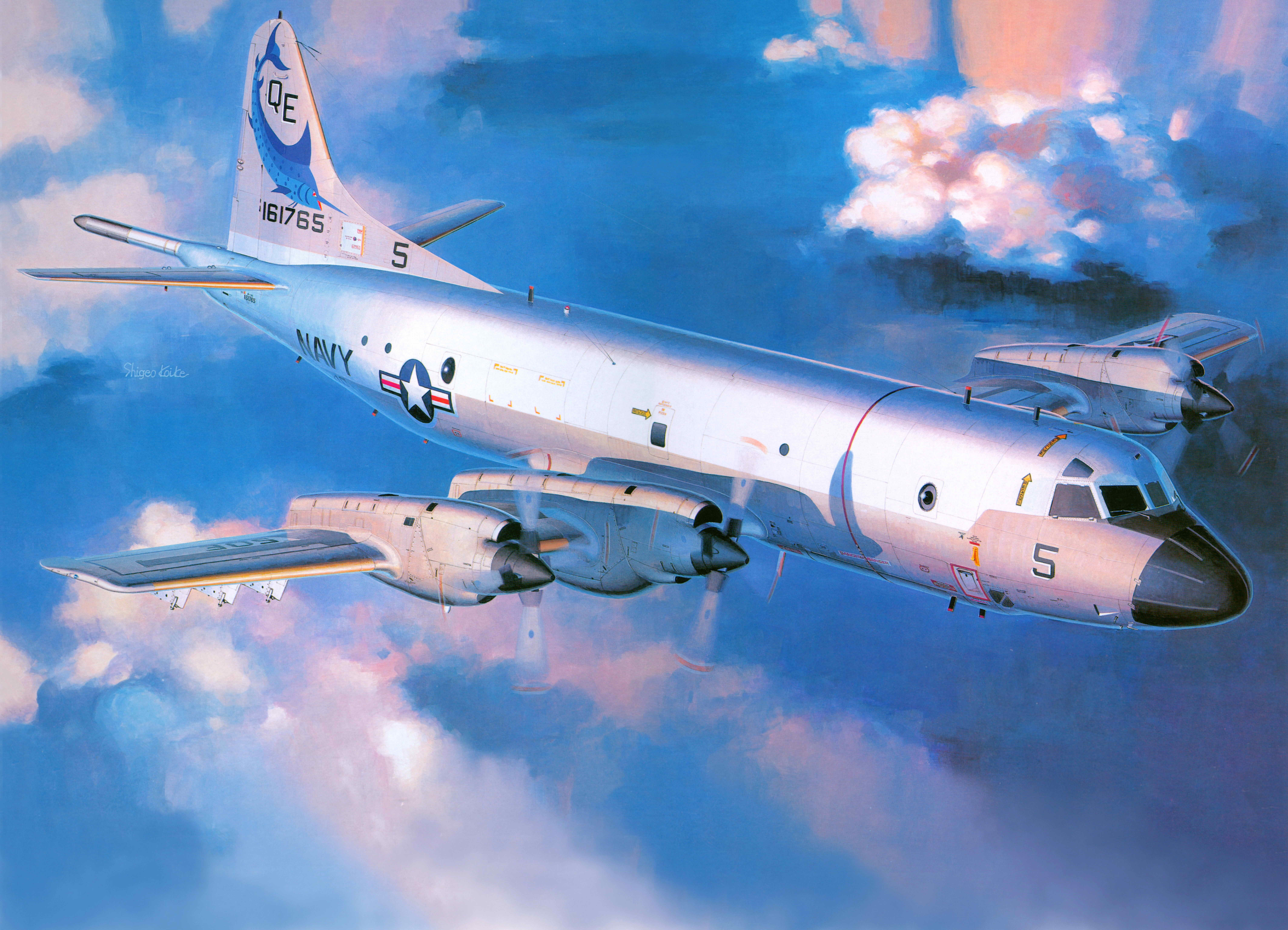 Orion, Lockheed, the plane, P-3, figure, US NAVY, art, the sky, patrol, clouds, coast, 8K, HD Wallpaper