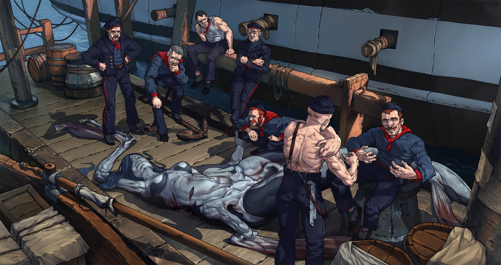 artwork, Max Birdfall, hat, artist, pier, mermaid, men, fantasy art, ship, yet, sailors, uniform, 1080P, barrels, fantasy, digital art, HD Wallpaper