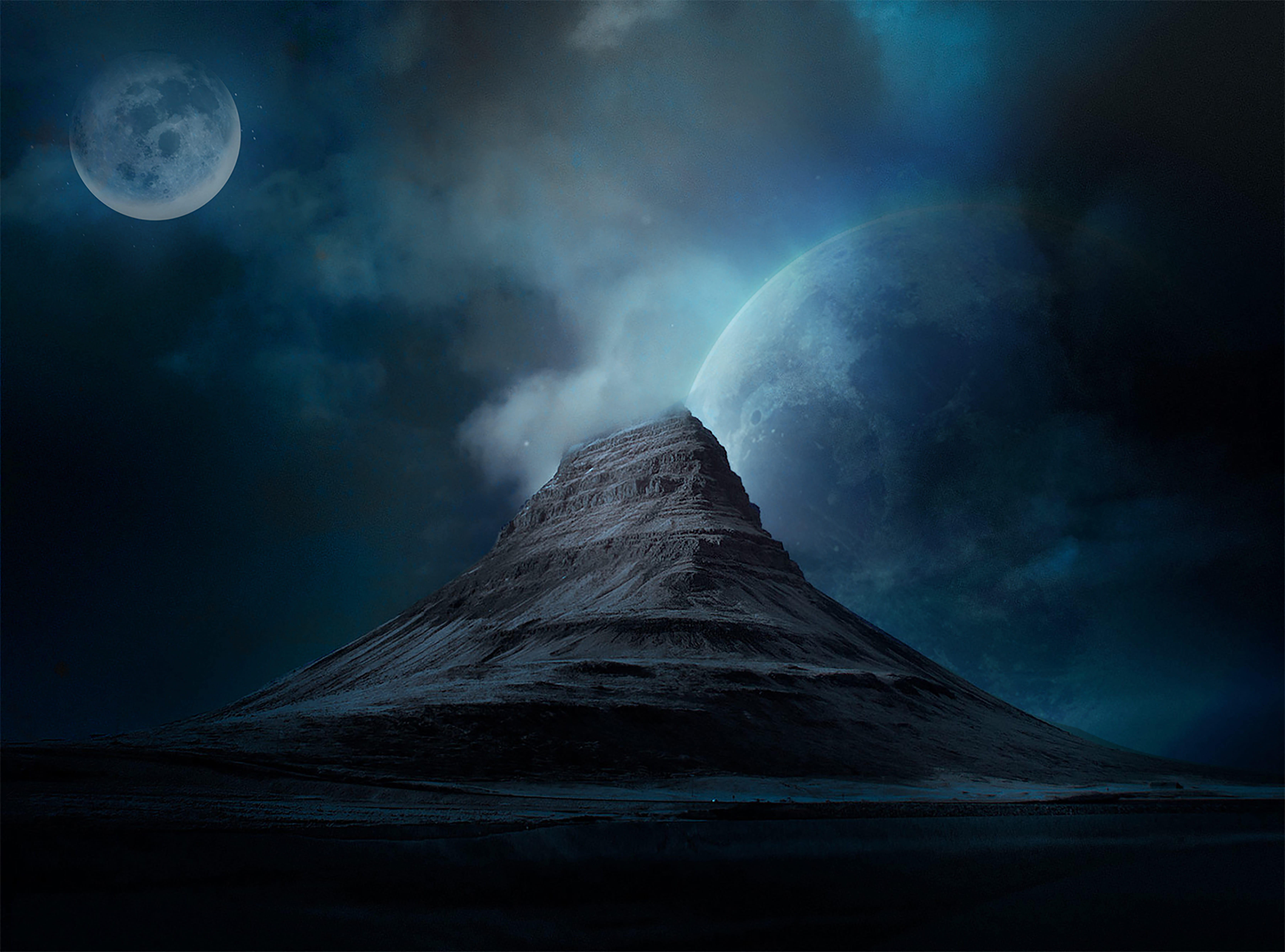 dramatic landscape, lagoon, fiction, tranquility, outdoors, starlight, sky, starry, cloud - sky, volcanic crater, night, mountain, backdrop, tranquil scene, HD Wallpaper