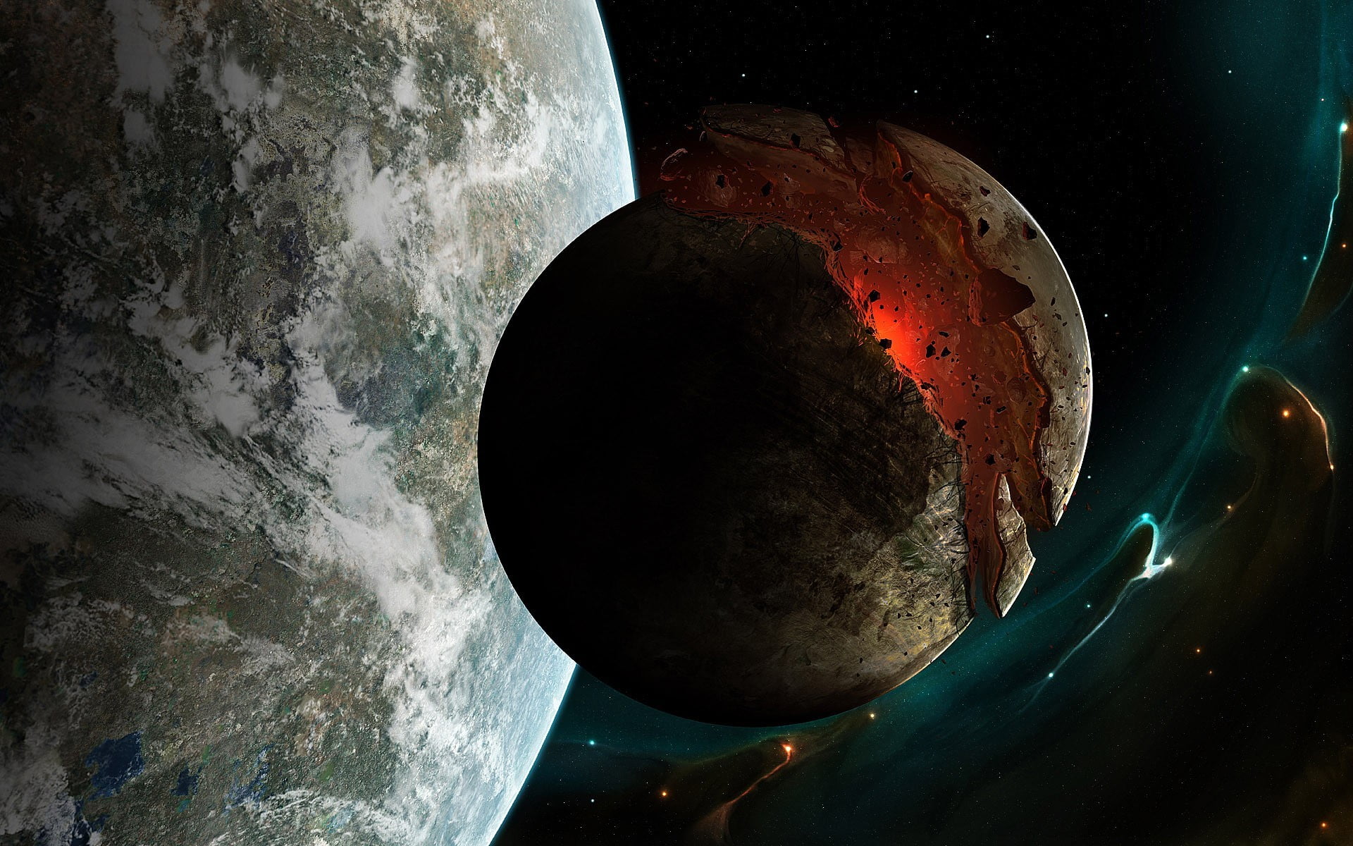 nature, metal, star - space, no people, close-up, night, space art, 1080P, illustration, astronomy, science fiction, water, planet, nebula, shape, outdoors, HD Wallpaper