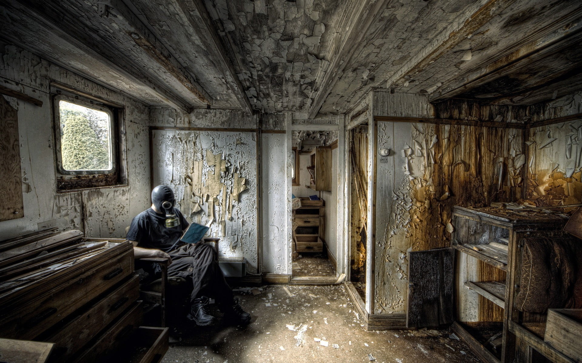 chair, ruined, building, indoors, history, men, wood - material, full length, interior, sitting, day, cupboard, seat, messy, built structure, run-down, HD Wallpaper