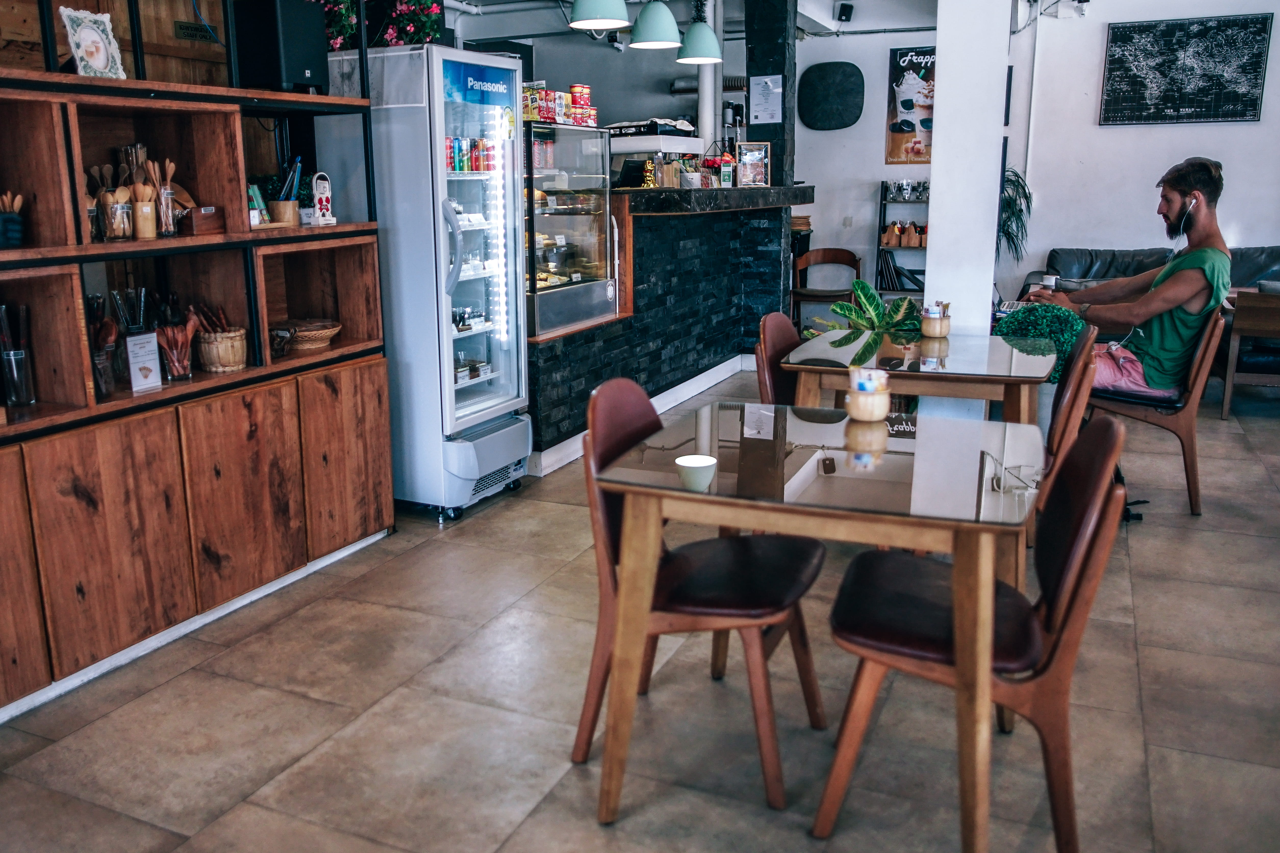 flooring, adult, full length, customer, indoors, man, chair, chairs, 4K, women, urban, food and drink, wood - material, interior, table, cabinet, lifestyles, HD Wallpaper