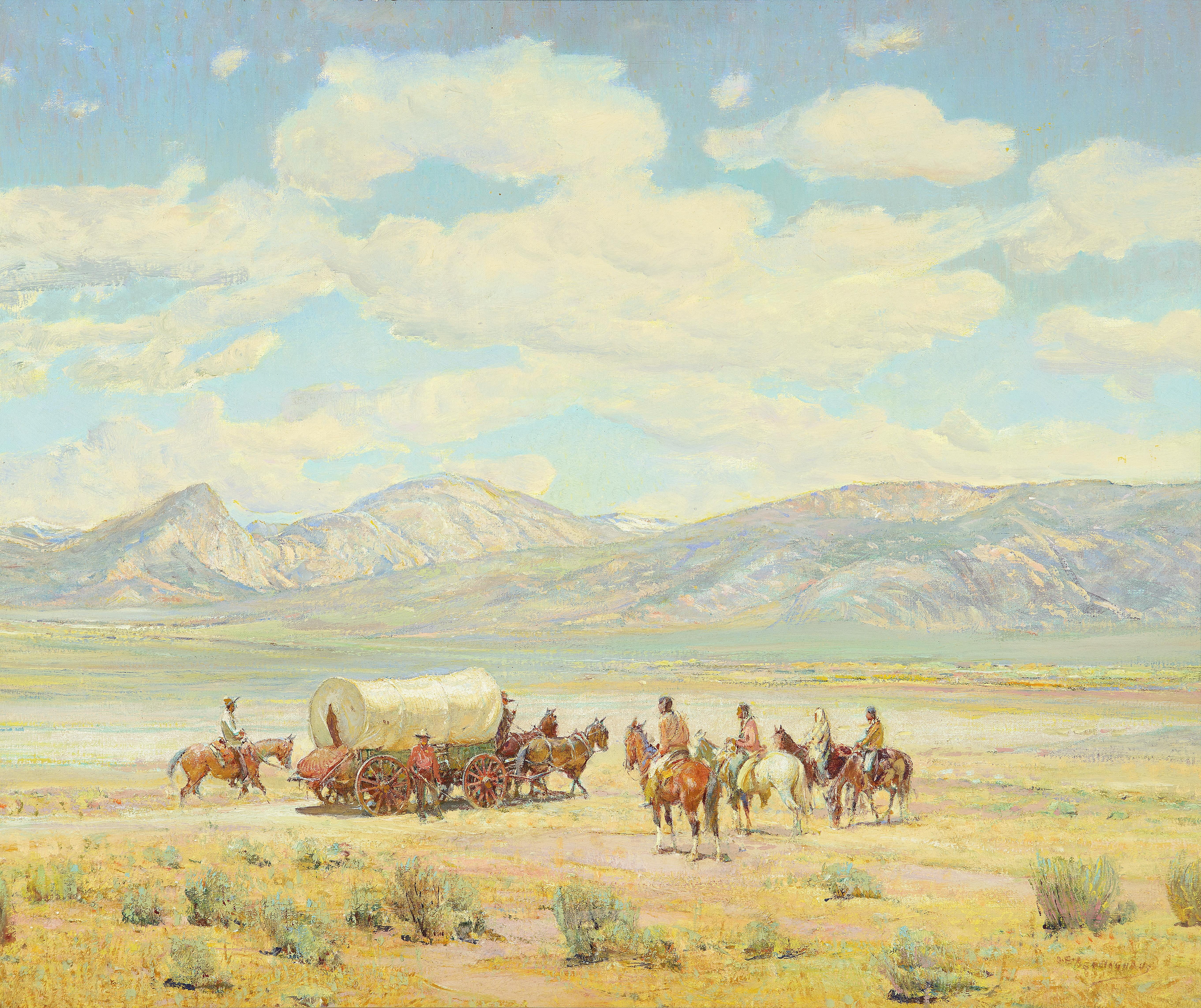 carts, horse, wild West, Oscar Edmund Berninghaus, 5K, Homesteaders on Indian Land, the Indians, mountains, HD Wallpaper