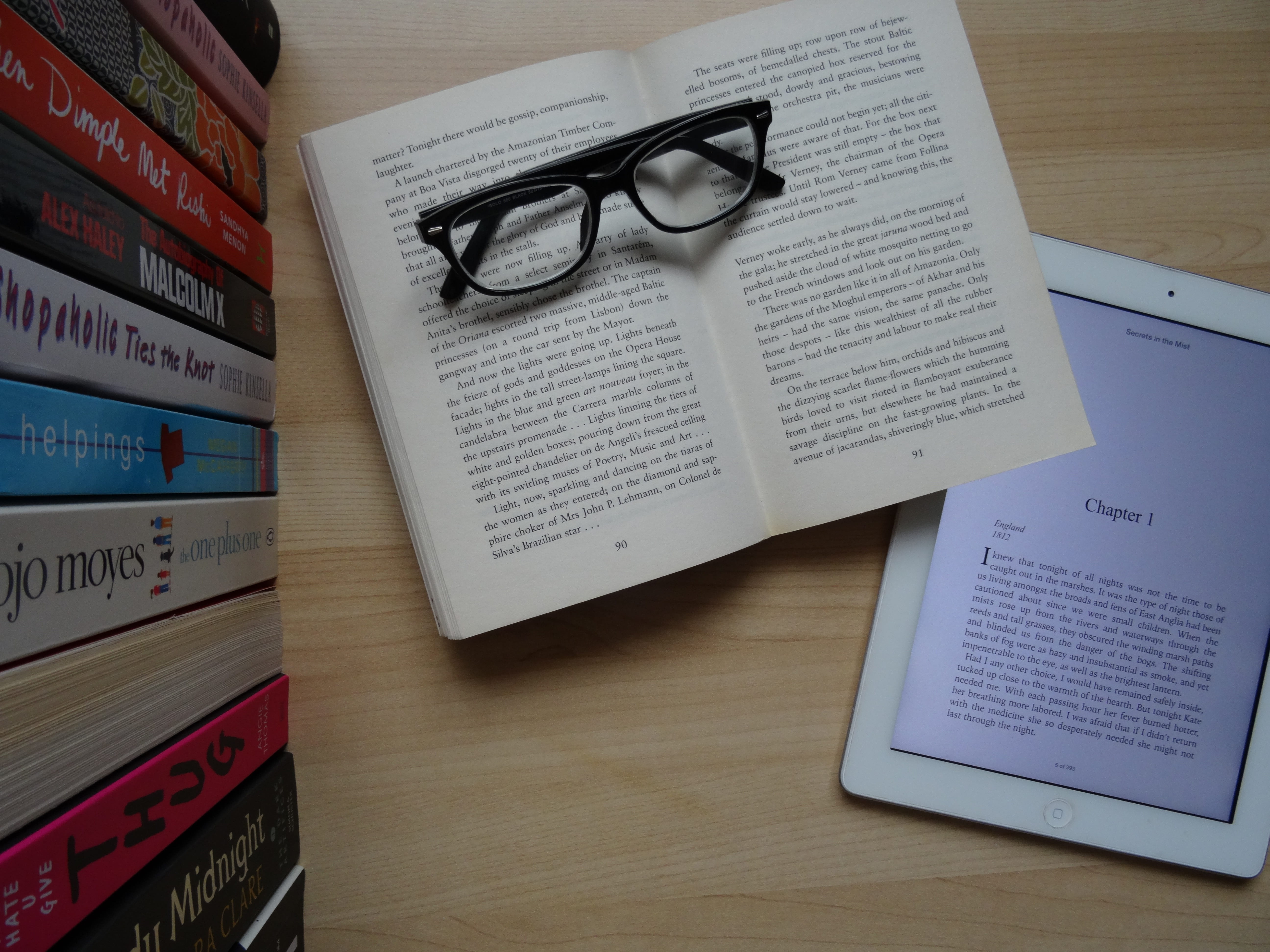 reading, still life, high angle view, western script, 5K, glasses, document, indoors, book, technology, black, wireless technology, education, wood - material, HD Wallpaper