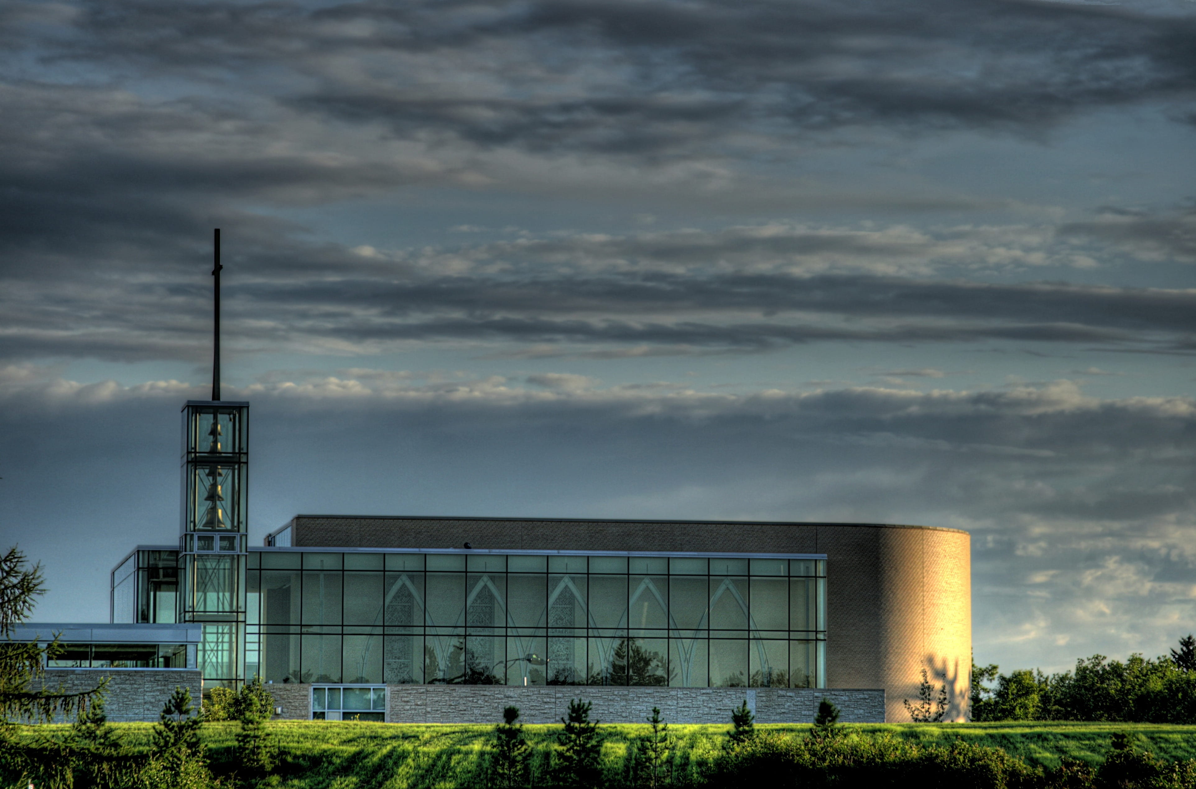 Seminary, faith, grass, architecture, Religious, industry, storm, environment, edmonton, sky, 4K, tree, summer, no people, building, trees, nature, factory, HD Wallpaper