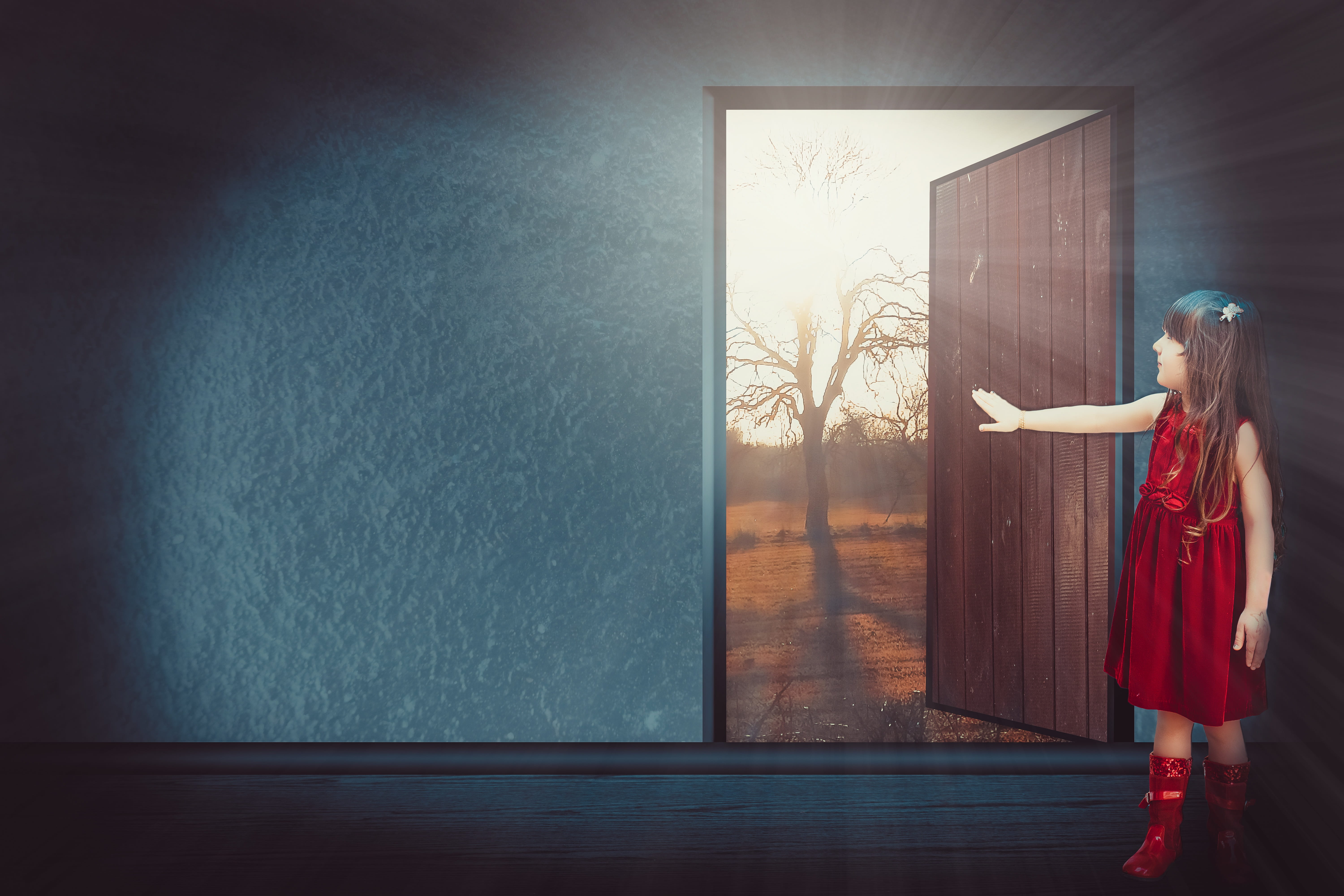 sun, door, sunrise, indoors, 5K, cheerful, kid, concept, real people, while, fantasy, red, fashion, goal, females, opened, grey background, reflection, HD Wallpaper