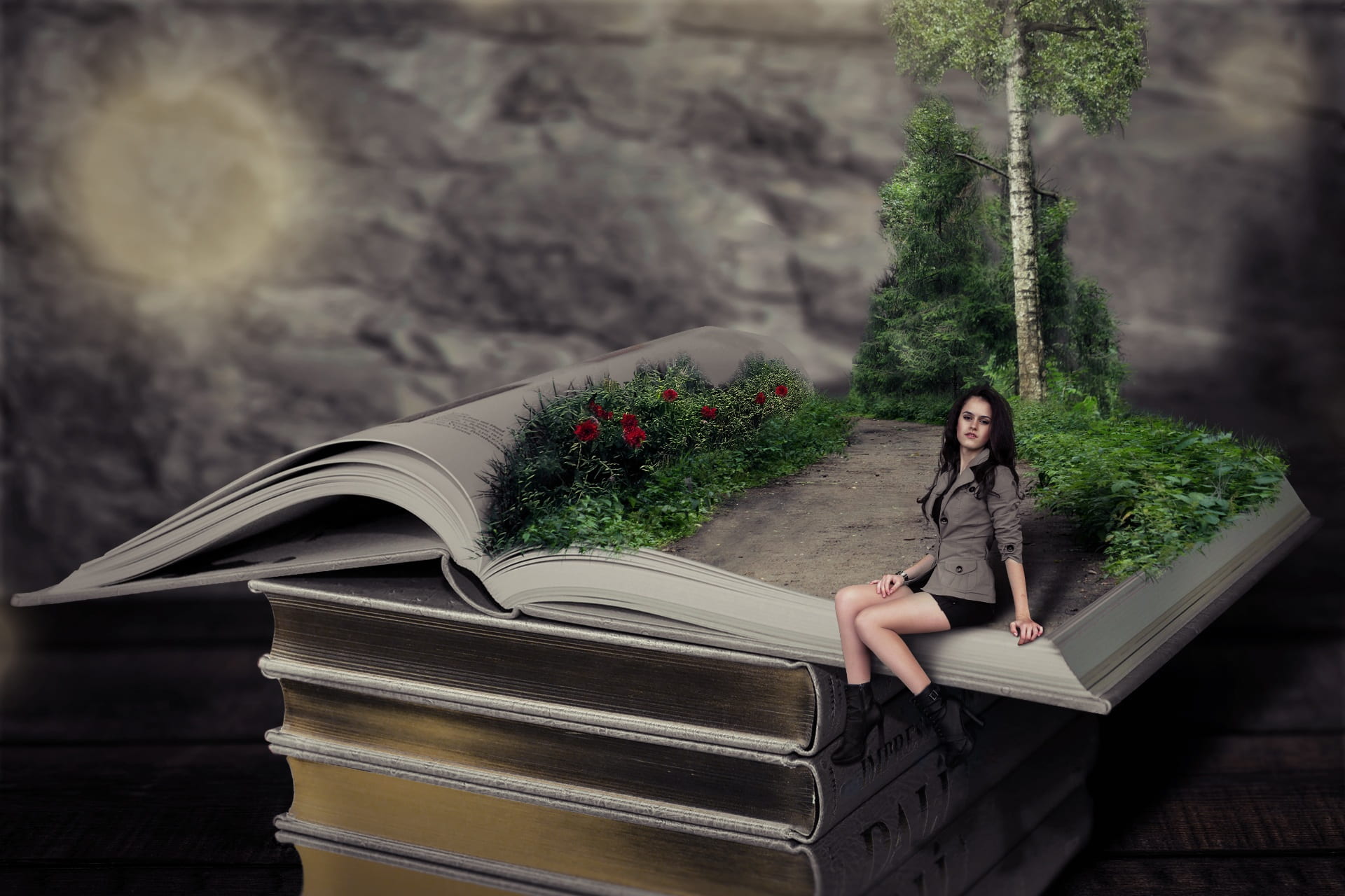 plant, book, full length, relaxation, young adult, 1080P, front view, leisure activity, sitting, beautiful woman, outdoors, real people, adult, edited, HD Wallpaper