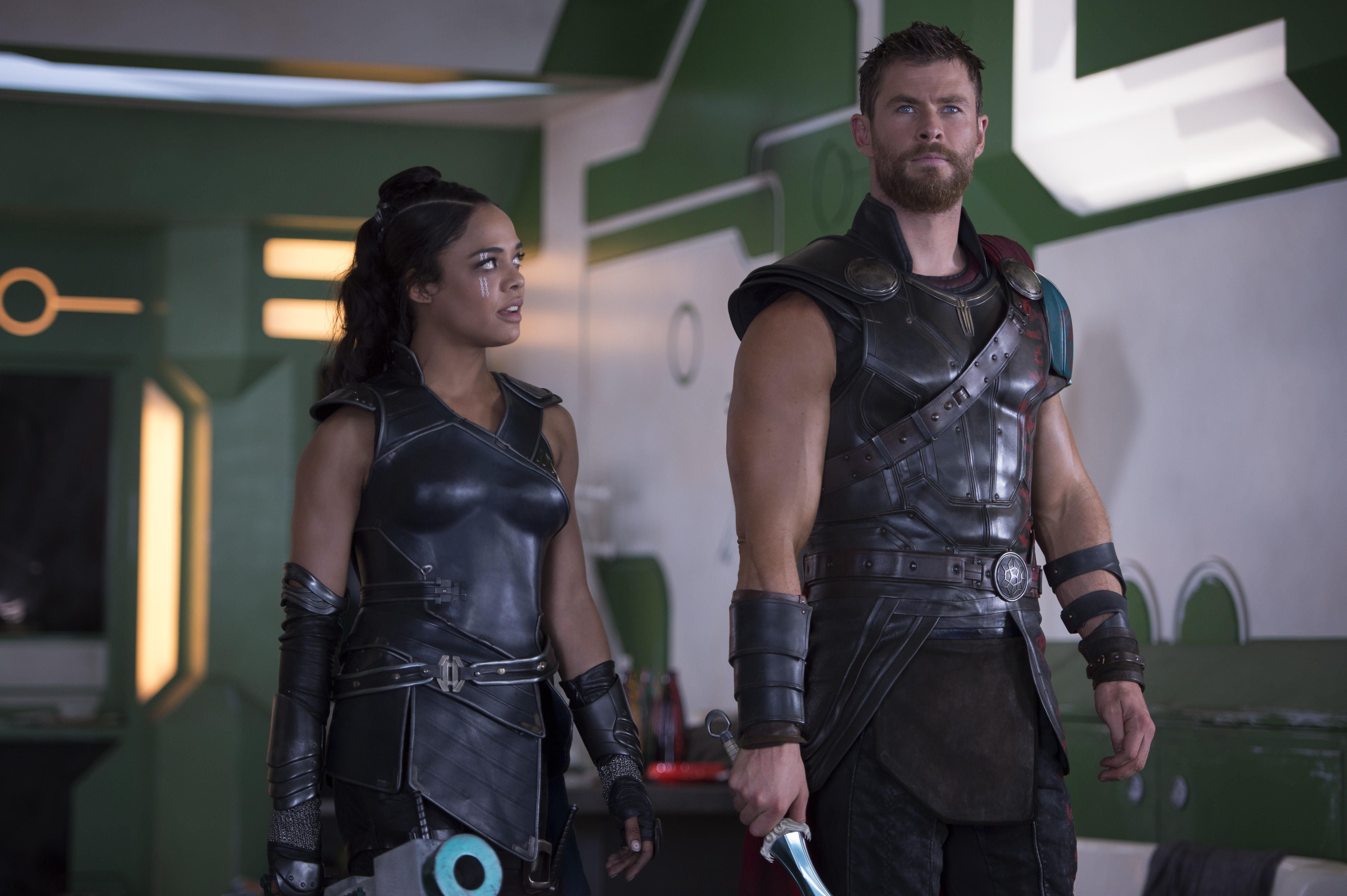 clothing, young women, three quarter length, 2017 movies, hd, thor ragnarok, front view, women, people, young men, thor, 4k, two people, men, valkyrie, HD Wallpaper