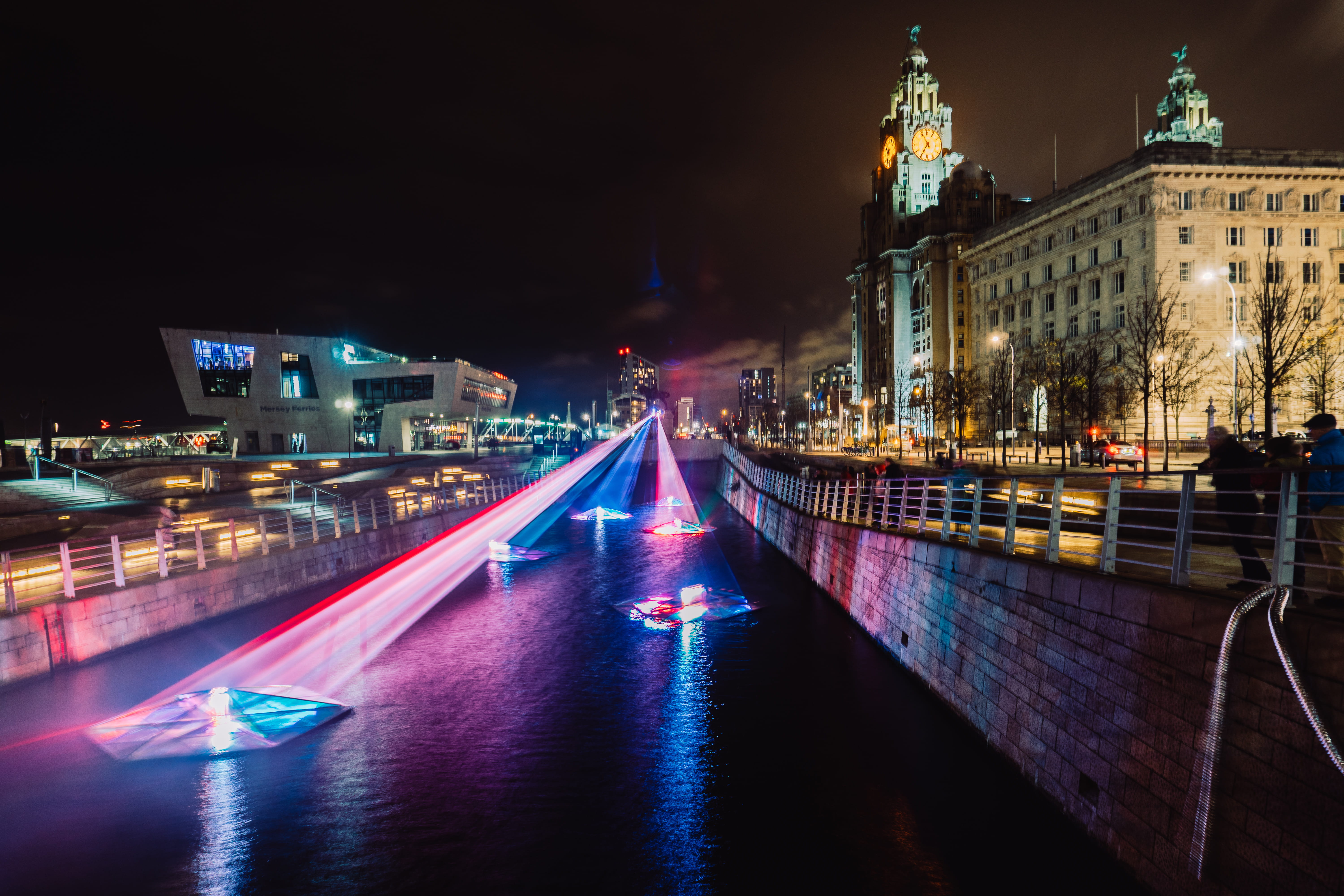 canal, england, mode of transportation, waterfront, water, building exterior, no people, light trail, 5K, liverpool, merseyside, united kingdom, light, HD Wallpaper