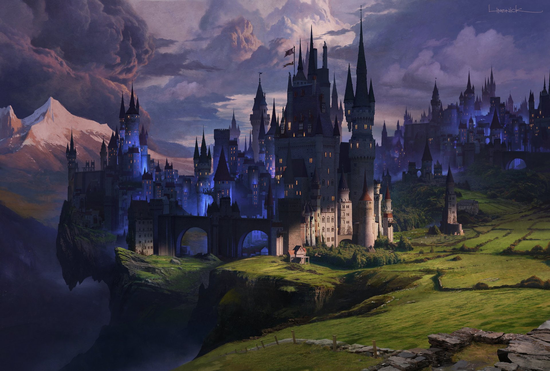 mountains, castle, tower, 1080P, shadow, Dark Kingdom, HD Wallpaper