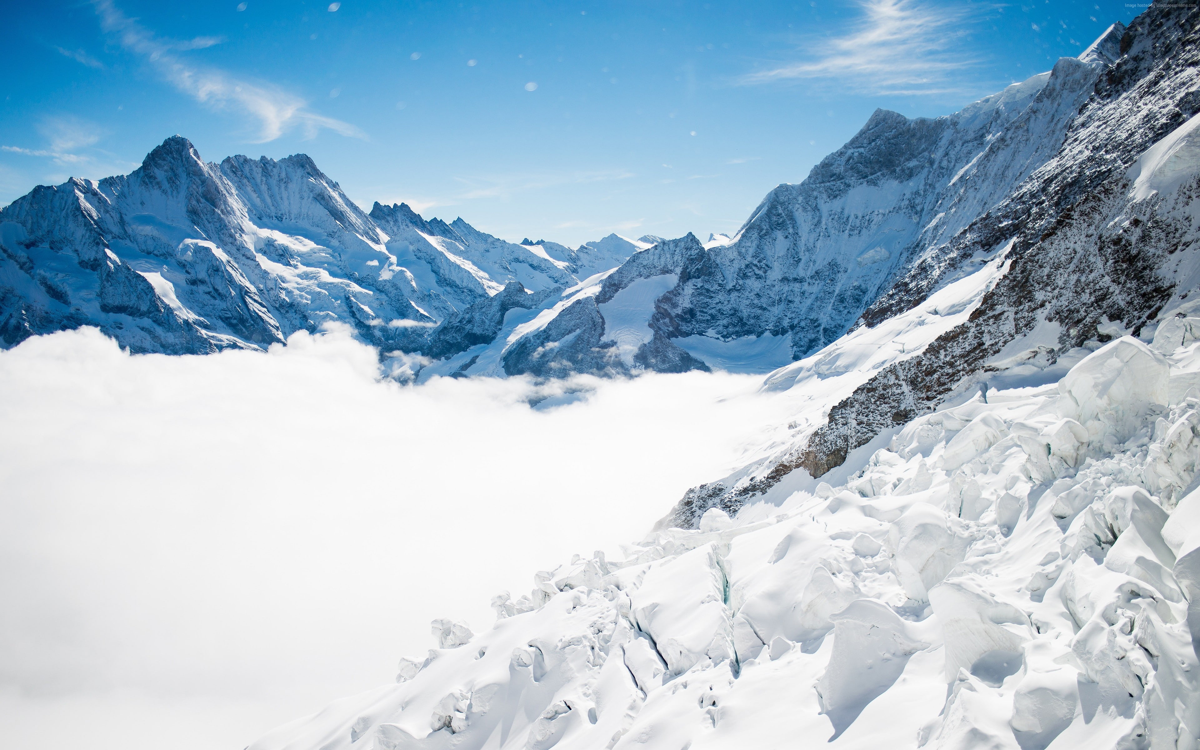 snow, Switzerland, sky, clouds, mountain, 4K, 4K, Bernese Alps, winter, HD Wallpaper