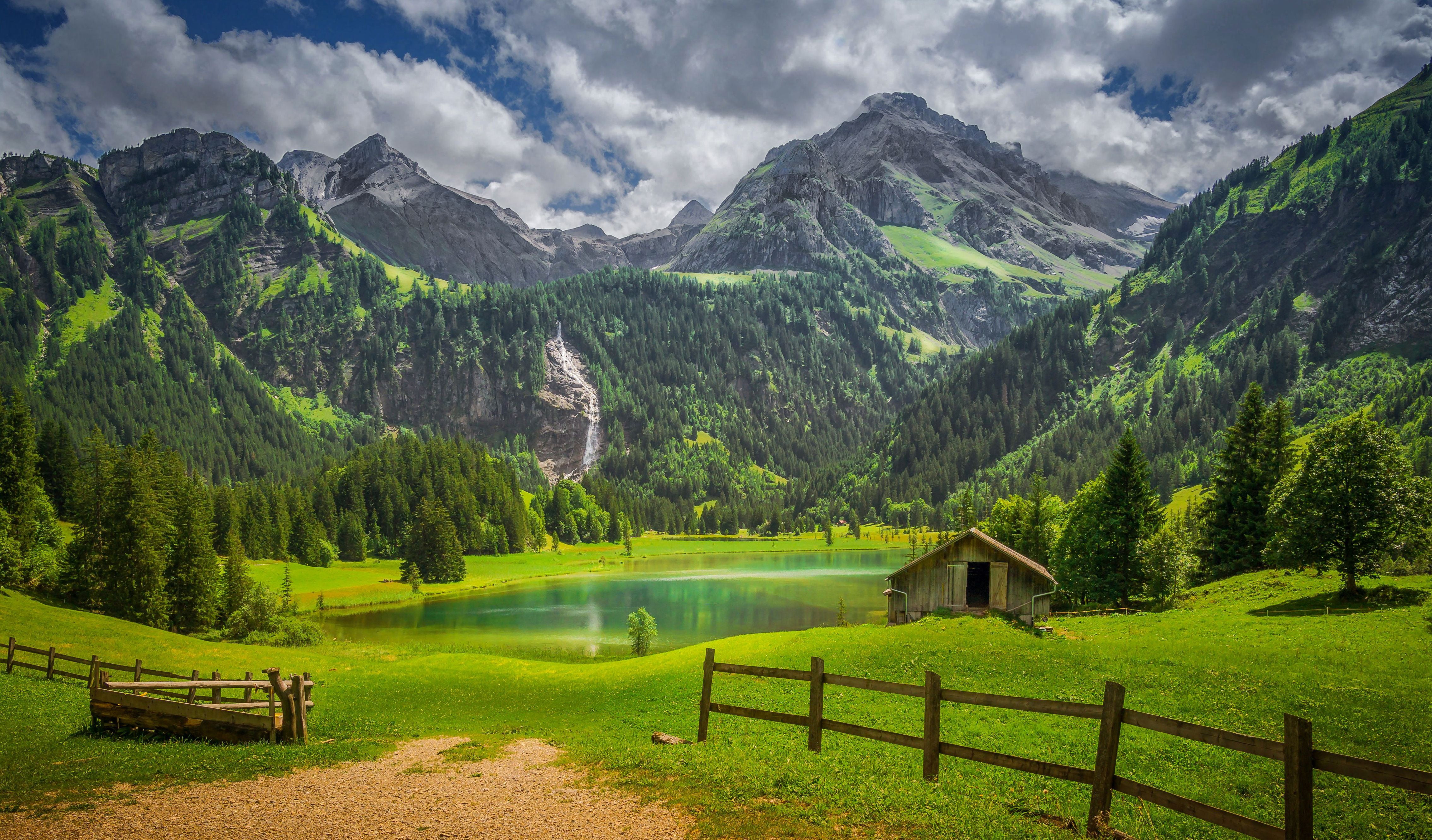 the barn, 4K, Bernese Alps, the fence, Gstaad, lake, forest, Switzerland, The Bernese Alps, mountains, HD Wallpaper
