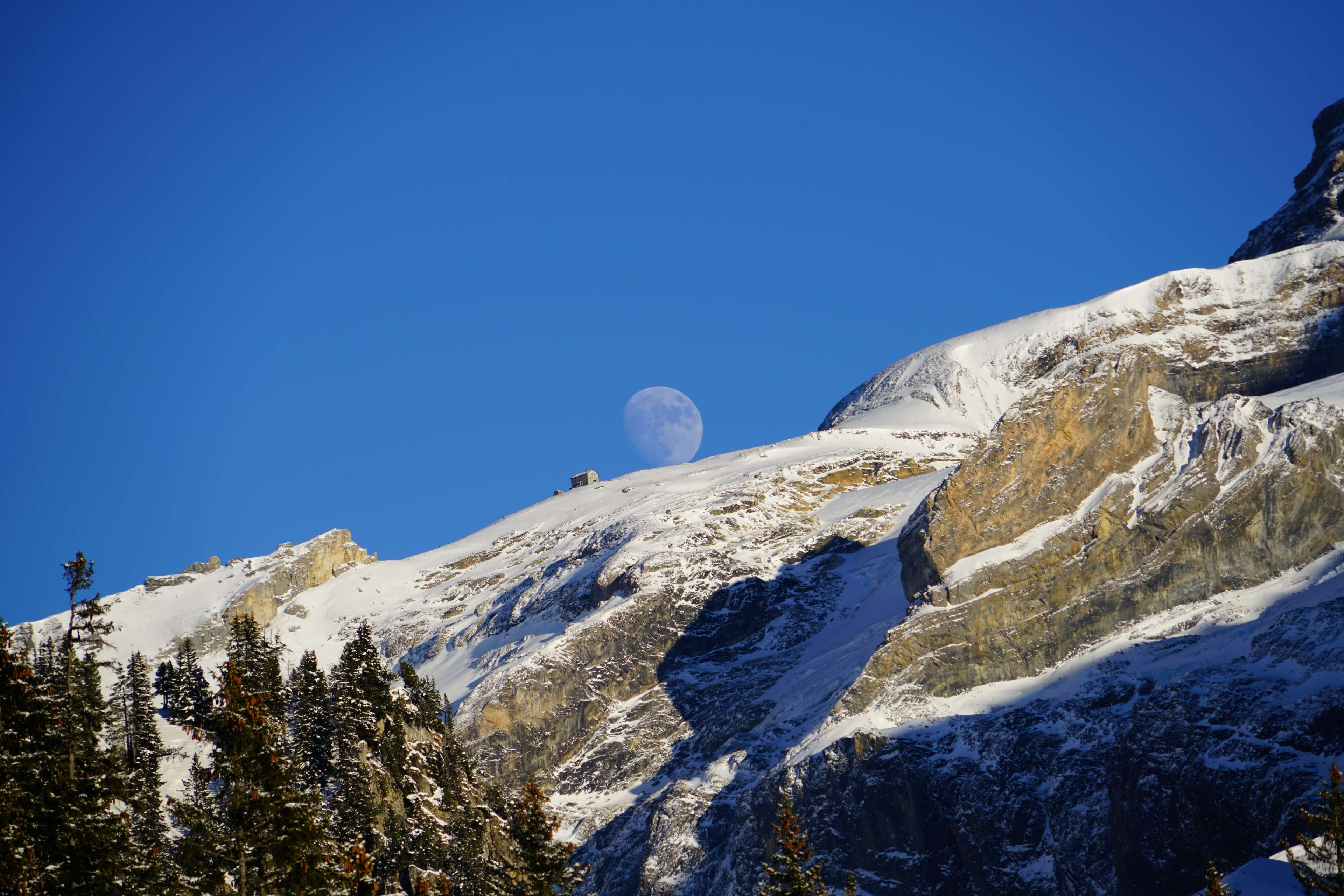 idyllic, mountain peak, switzerland, blemlisalphut, non-urban scene, winter, landscape, mountain hut, the cottage and the moon, plant, giant moon, lake oeschinen, HD Wallpaper