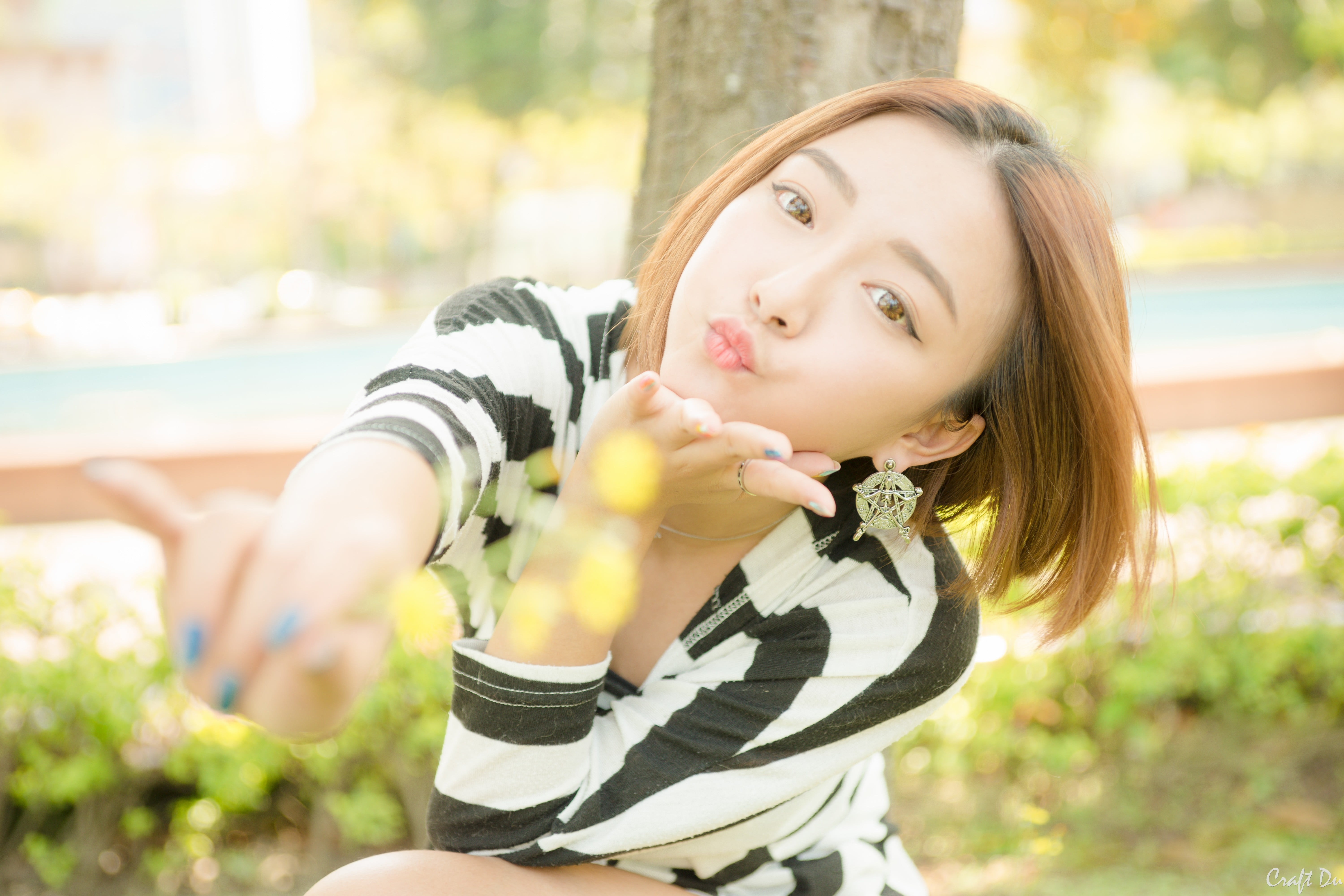 casual clothing, holding, orange eyes, plant, day, long hair, Asian, portrait, lifestyles, hair, brunette, focus on foreground, 5K, leisure activity, women, HD Wallpaper