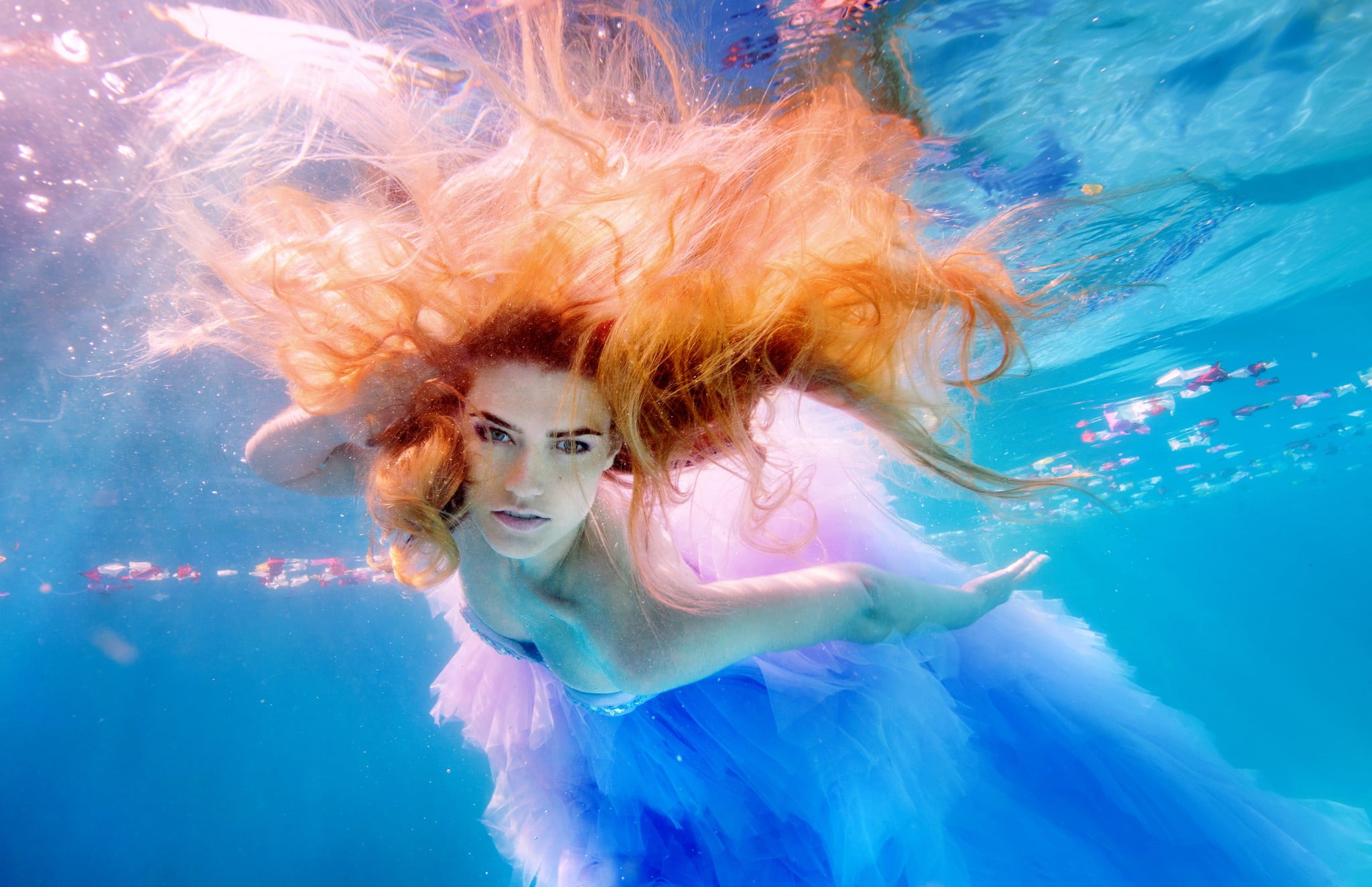 women, swimming, orange, colorful, beauty, dress, floating on water, hair, swimming pool, water, beautiful woman, underwater, redhead, sea, cyan, one person, HD Wallpaper