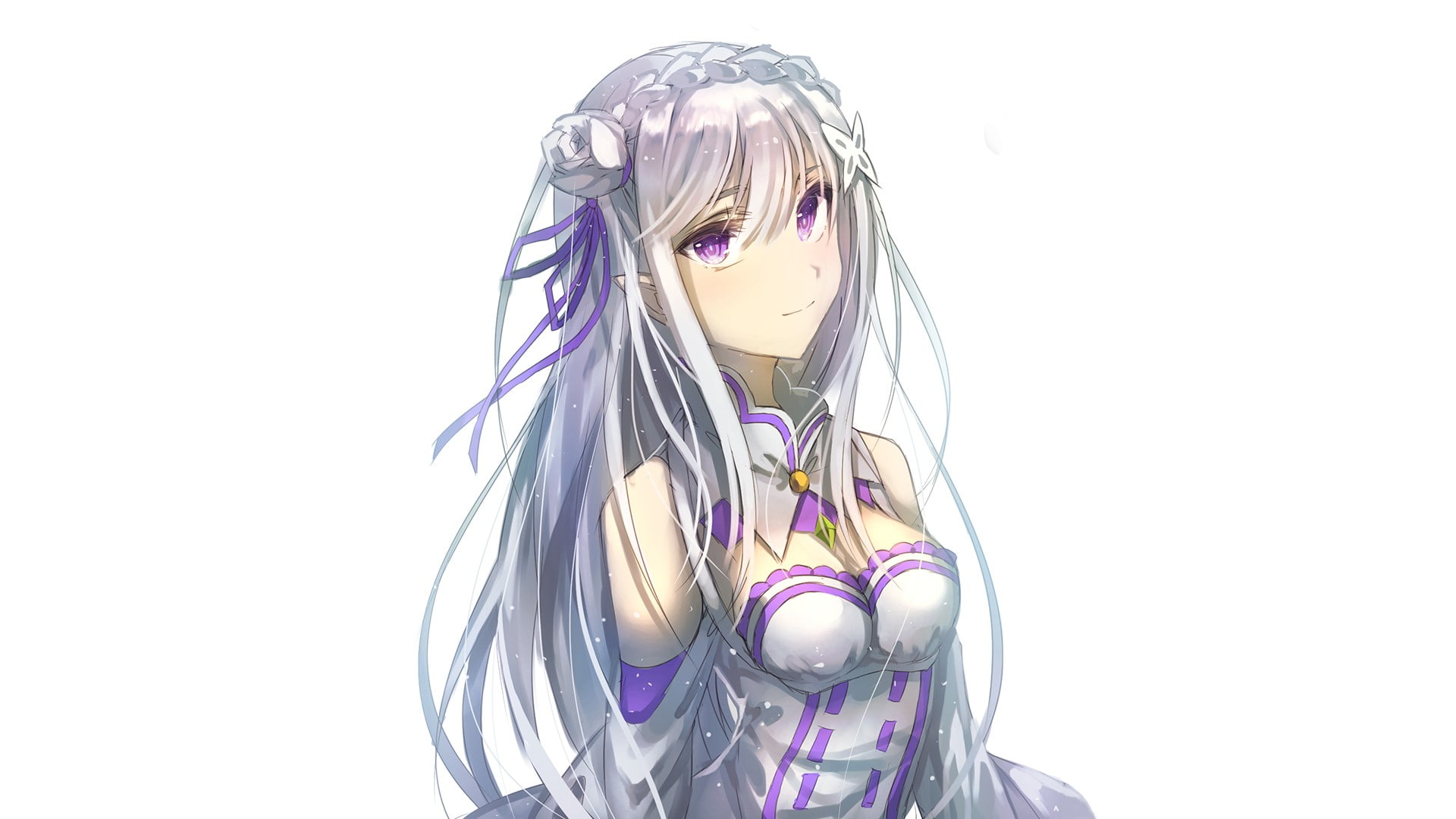 girls, waist up, Emilia (Re: Zero), hairstyle, Re:Zero Kara Hajimeru Isekai Seikatsu, hair, violet eyes, indoors, copy space, women, females, white background, HD Wallpaper